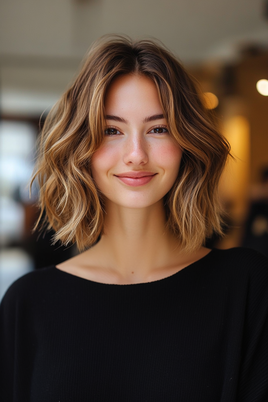 3. Wavy Lob with Honey Highlights (Haircuts For Thick And Wavy Hair) - Haircuts For Thick And Wavy Hair