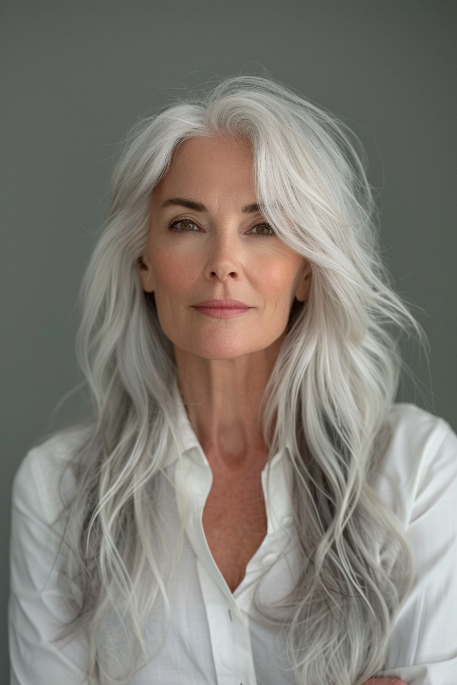30. Long Hair with Asymmetrical Bangs - Long Hairstyles For Women Over 60 - Long Hairstyles For Women Over 60