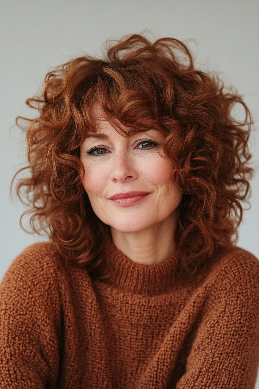 31. Curly Lob with Soft Layers in Cinnamon Brown (Short Curly Hairstyles For Older Women) - Short Curly Hairstyles For Older Women