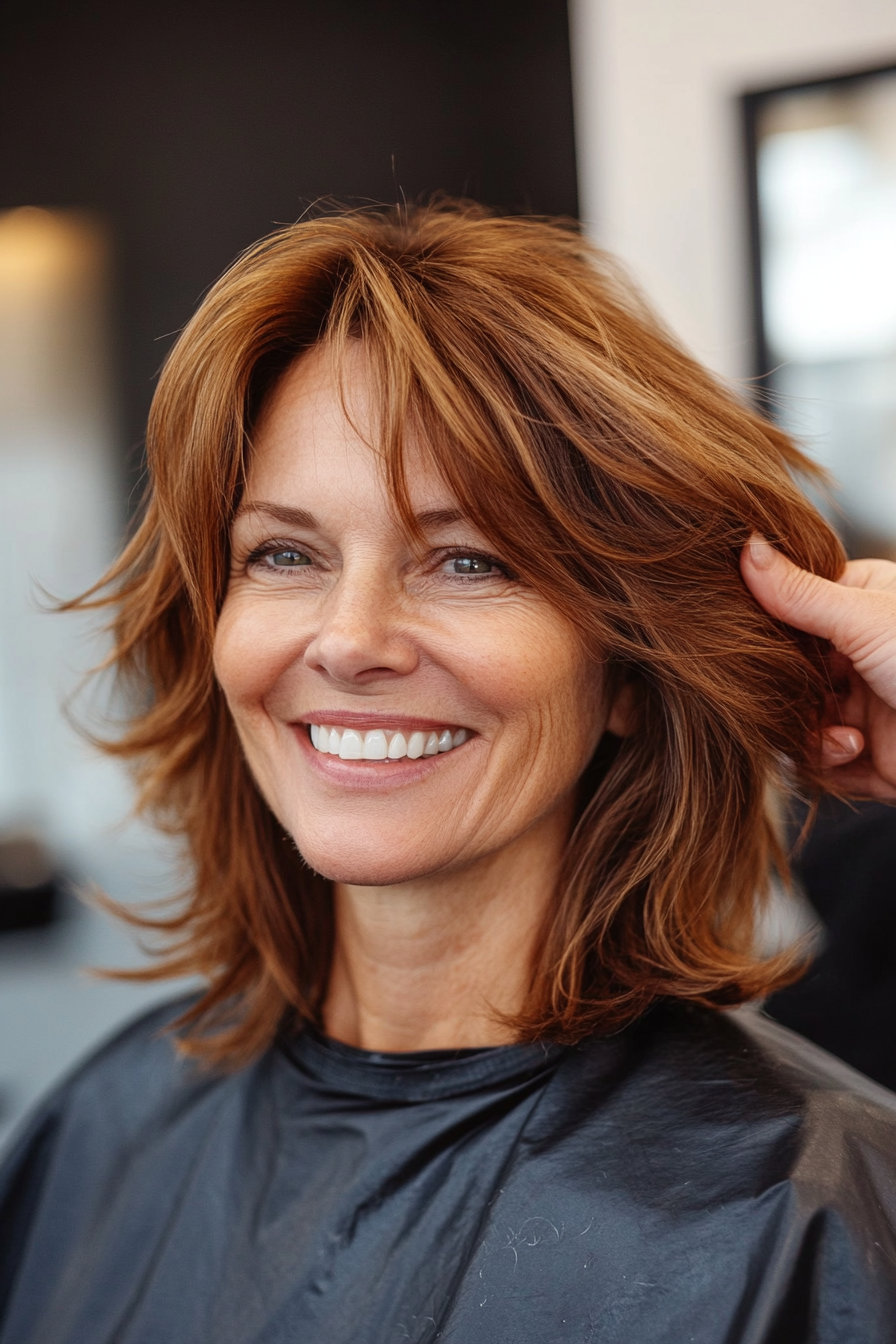 32. Medium Feathered Cut with Soft Chestnut Hues (Layered Hairstyles For Women Over 50) - Layered Hairstyles For Women Over 50