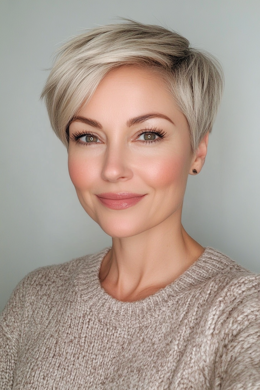 33. Blunt Pixie with Cool Ash Blonde (Pixie Hairstyles For Women Over 40) - Pixie Hairstyles For Women Over 40