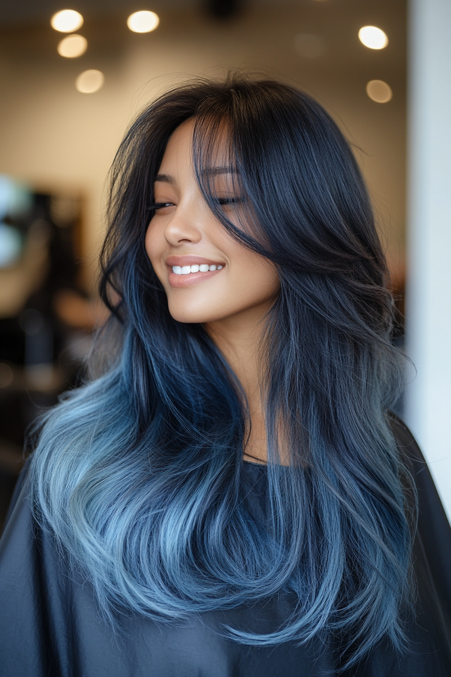 33. Ocean Blue Ombre with Flicked Bangs (Long Layered Hair With Bangs) - Long Layered Hair With Bangs