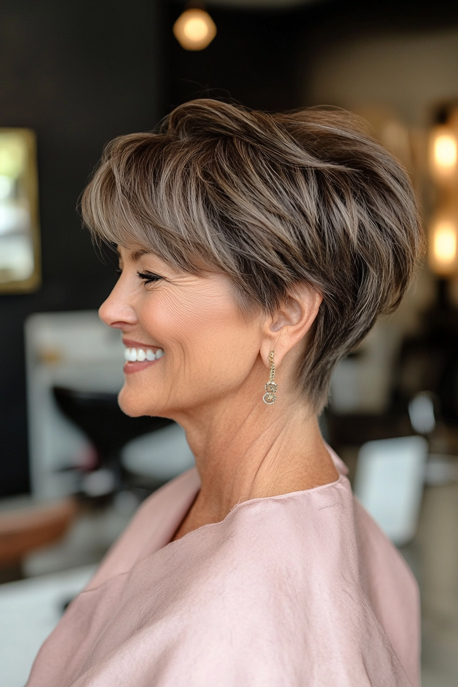 37. Iced Mocha Pixie with Layered Fringe for Fine Hair (Pixie Hairstyles For Older Women) - Pixie Hairstyles For Older Women