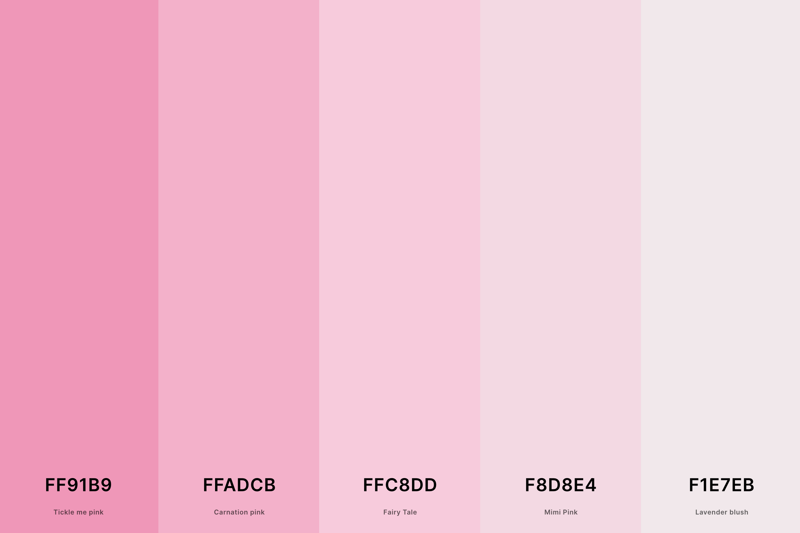 4. Aesthetic Pink Color Palette Color Palette with Tickle Me Pink (Hex #FF91B9) + Carnation Pink (Hex #FFADCB) + Fairy Tale (Hex #FFC8DD) + Mimi Pink (Hex #F8D8E4) + Lavender Blush (Hex #F1E7EB) Color Palette with Hex Codes