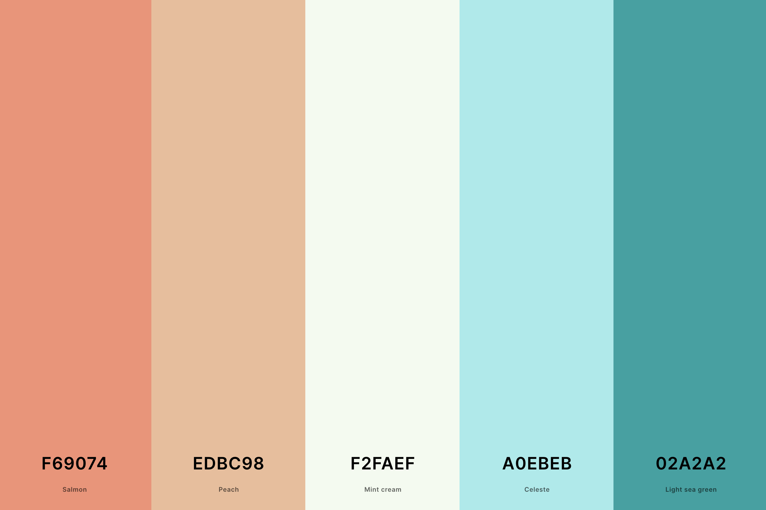 4. Aqua And Coral Color Palette Color Palette with Salmon (Hex #F69074) + Peach (Hex #EDBC98) + Mint Cream (Hex #F2FAEF) + Celeste (Hex #A0EBEB) + Light Sea Green (Hex #02A2A2) Color Palette with Hex Codes