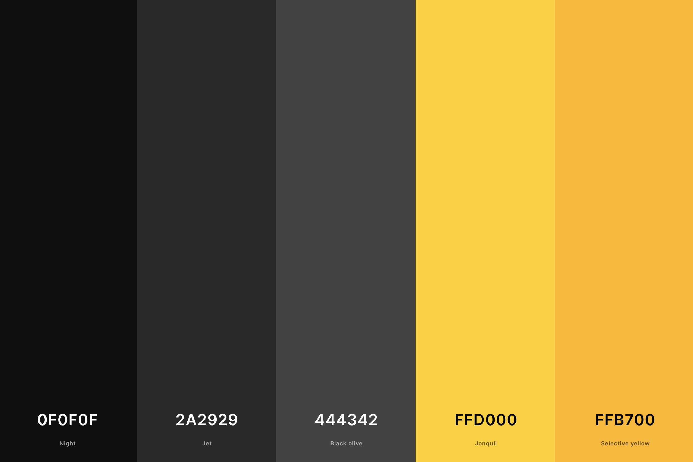4. Black And Yellow Color Palette Color Palette with Night (Hex #0F0F0F) + Jet (Hex #2A2929) + Black Olive (Hex #444342) + Jonquil (Hex #FFD000) + Selective Yellow (Hex #FFB700) Color Palette with Hex Codes