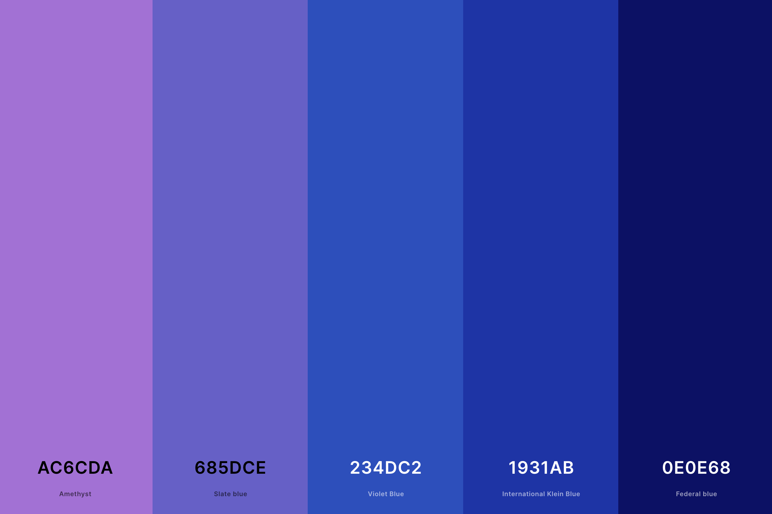 4. Blue Sunset Color Palette Color Palette with Amethyst (Hex #AC6CDA) + Slate Blue (Hex #685DCE) + Violet Blue (Hex #234DC2) + International Klein Blue (Hex #1931AB) + Federal Blue (Hex #0E0E68) Color Palette with Hex Codes