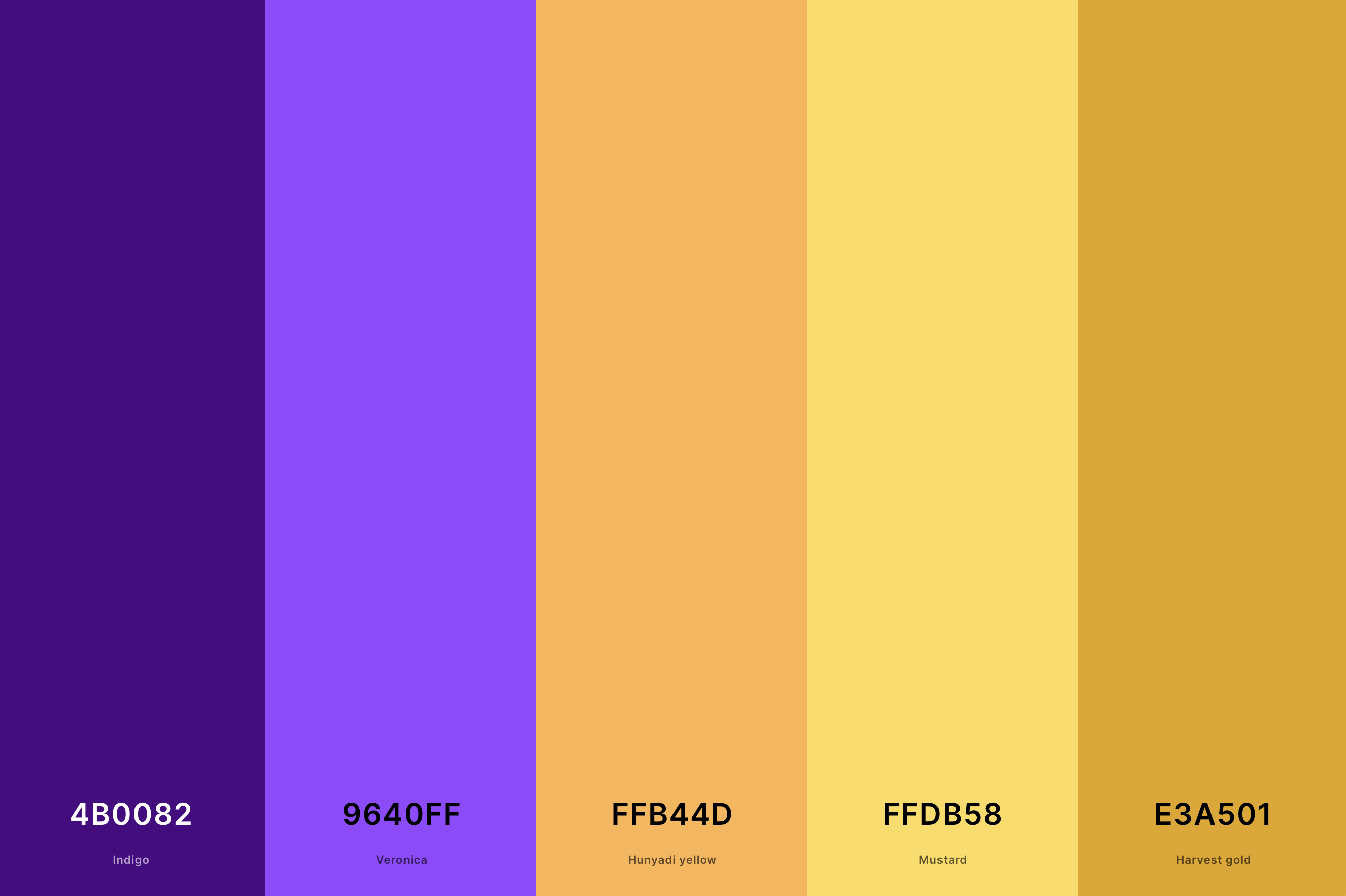 4. Color Palette Mustard And Indigo Color Palette with Indigo (Hex #4B0082) + Veronica (Hex #9640FF) + Hunyadi Yellow (Hex #FFB44D) + Mustard (Hex #FFDB58) + Harvest Gold (Hex #E3A501) Color Palette with Hex Codes