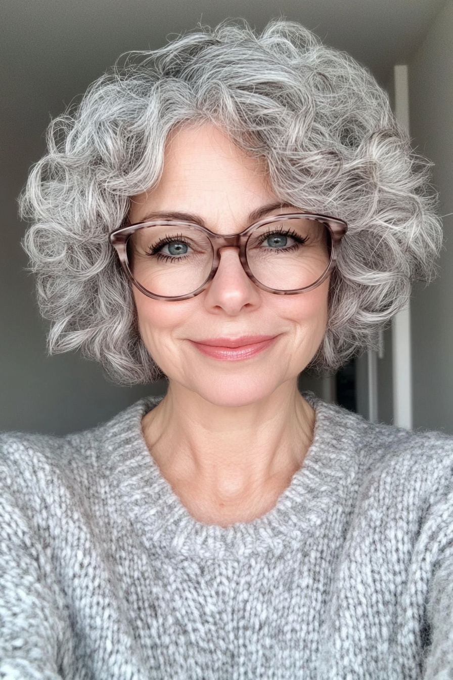 4. Curly Grey Halo (Short Hairstyles For Women Over 60 With Glasses) - Short Hairstyles For Women Over 60 With Glasses