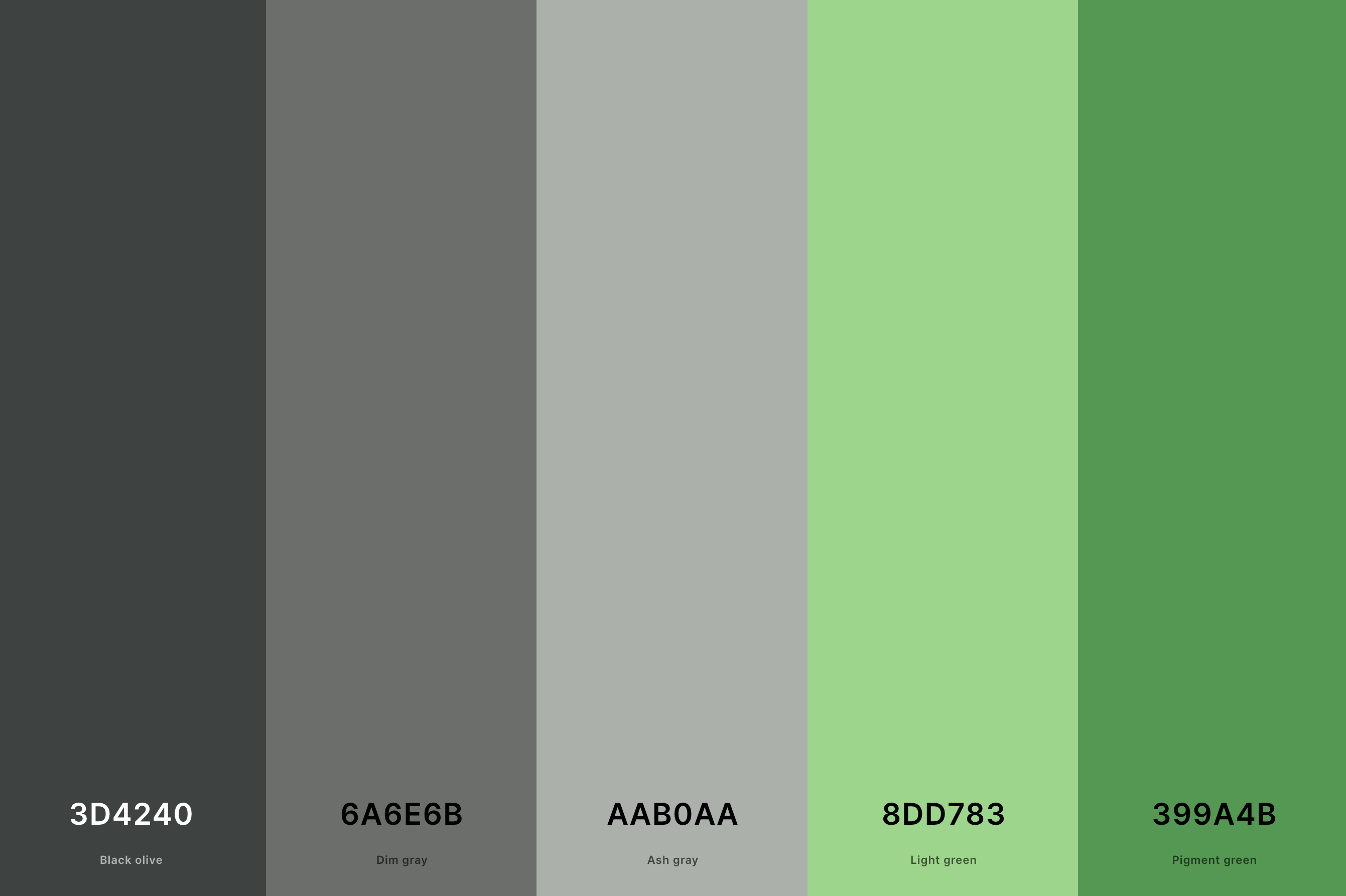 4. Green And Gray Color Palette Color Palette with Black Olive (Hex #3D4240) + Dim Gray (Hex #6A6E6B) + Ash Gray (Hex #AAB0AA) + Light Green (Hex #8DD783) + Pigment Green (Hex #399A4B) Color Palette with Hex Codes