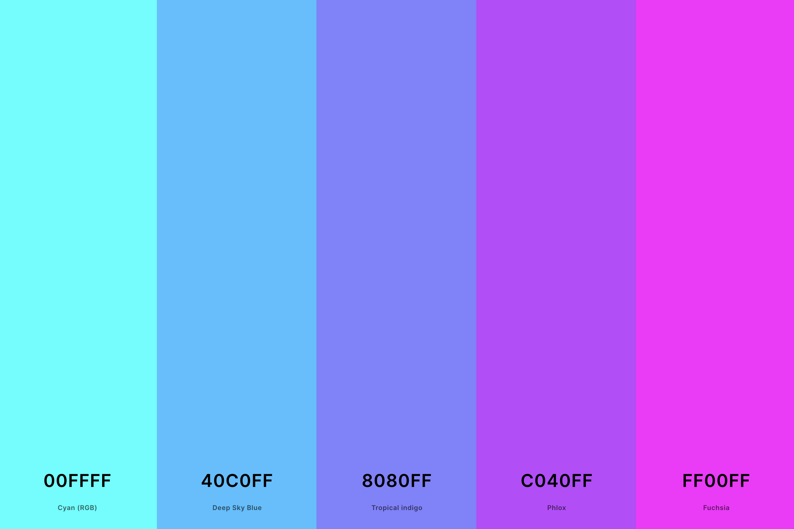 4. Magenta And Cyan Color Palette Color Palette with Cyan (Rgb) (Hex #00FFFF) + Deep Sky Blue (Hex #40C0FF) + Tropical Indigo (Hex #8080FF) + Phlox (Hex #C040FF) + Magenta (Hex #FF00FF) Color Palette with Hex Codes