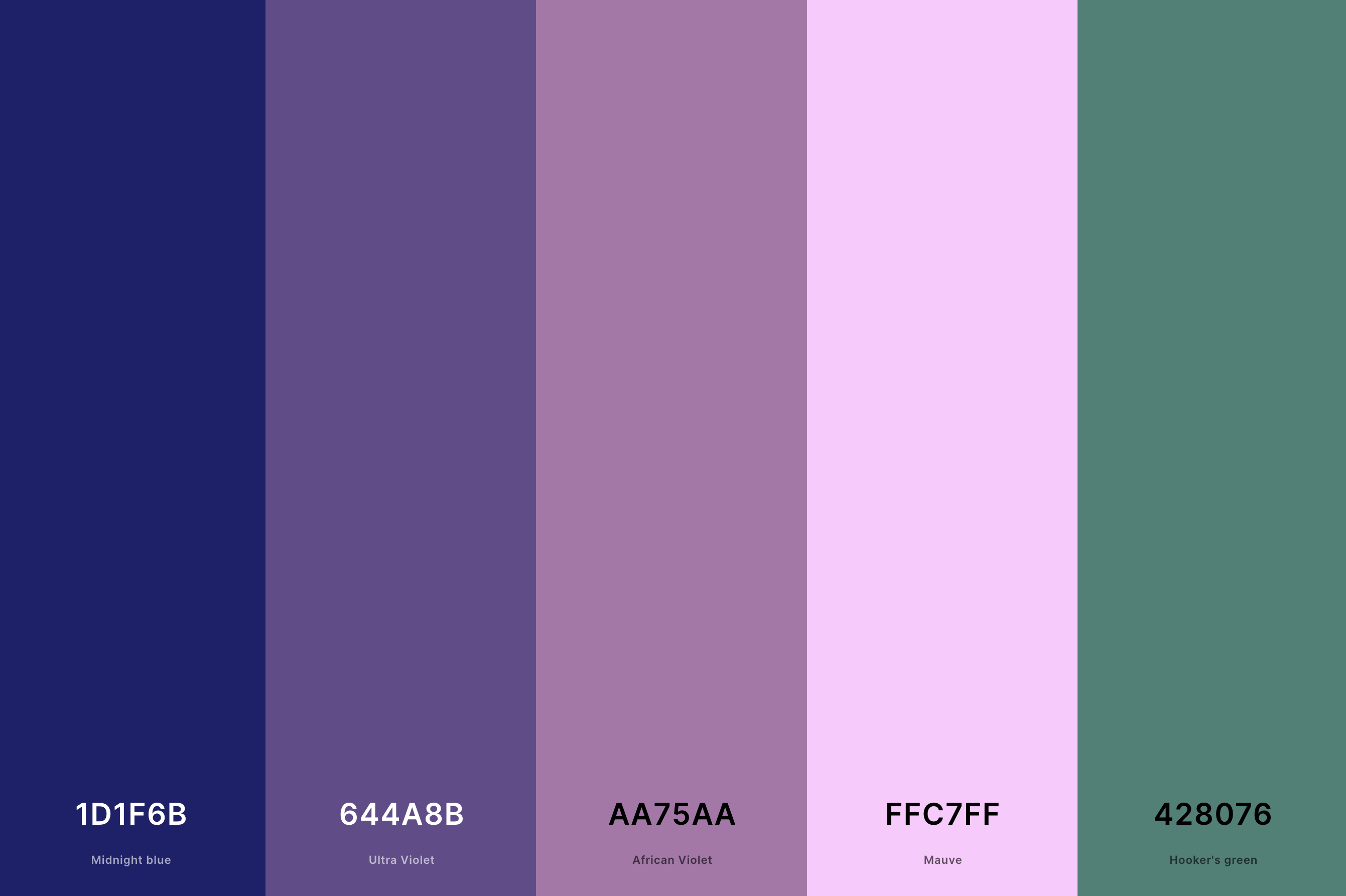 4. Mauve And Navy Color Palette Color Palette with Midnight Blue (Hex #1D1F6B) + Ultra Violet (Hex #644A8B) + African Violet (Hex #AA75AA) + Mauve (Hex #FFC7FF) + Hooker'S Green (Hex #428076) Color Palette with Hex Codes