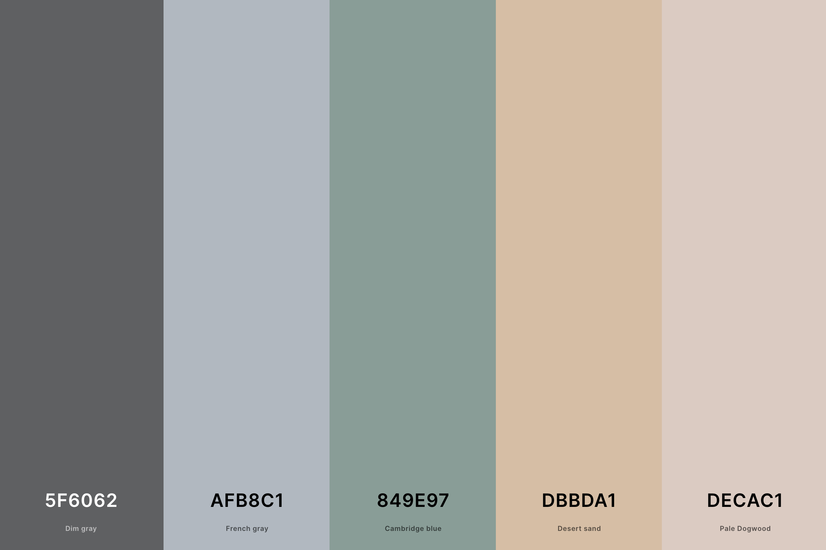 4. Modern Neutral Color Palette Color Palette with Dim Gray (Hex #5F6062) + French Gray (Hex #AFB8C1) + Cambridge Blue (Hex #849E97) + Desert Sand (Hex #DBBDA1) + Pale Dogwood (Hex #DECAC1) Color Palette with Hex Codes
