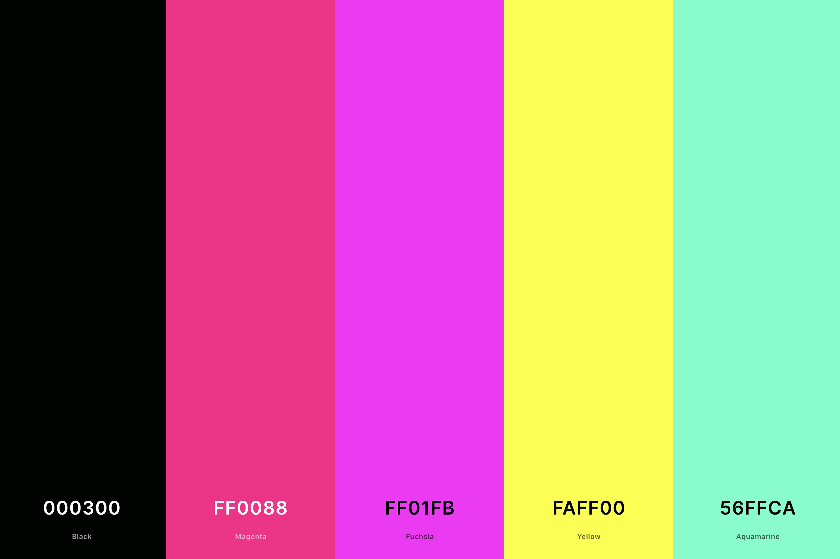 4. Neon Pink Color Palette Color Palette with Black (Hex #000300) + Magenta (Hex #FF0088) + Fuchsia (Hex #FF01FB) + Yellow (Hex #FAFF00) + Aquamarine (Hex #56FFCA) Color Palette with Hex Codes