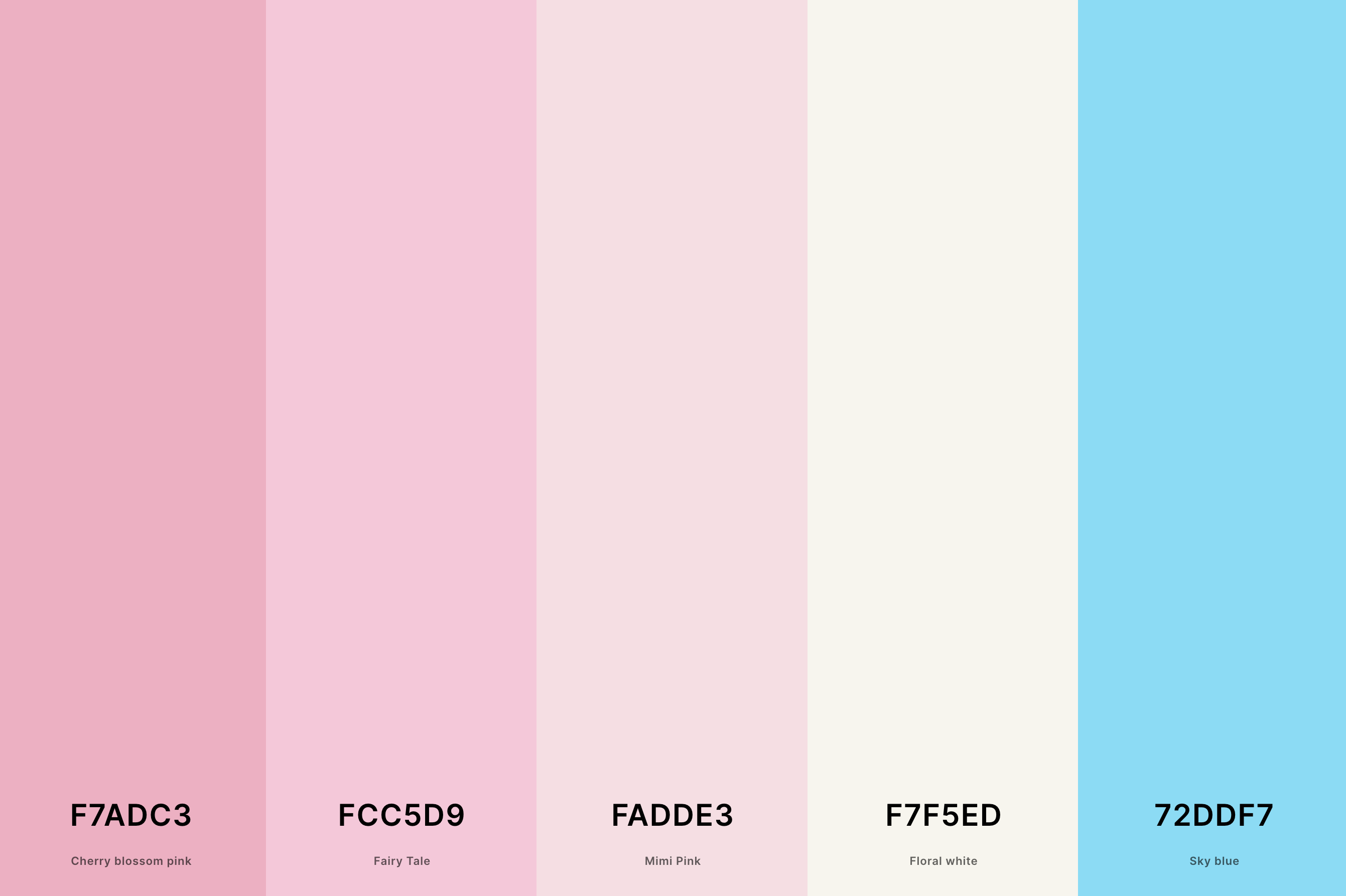 4. Pastel Pink Color Palette Color Palette with Cherry Blossom Pink (Hex #F7ADC3) + Fairy Tale (Hex #FCC5D9) + Mimi Pink (Hex #FADDE3) + Floral White (Hex #F7F5ED) + Sky Blue (Hex #72DDF7) Color Palette with Hex Codes