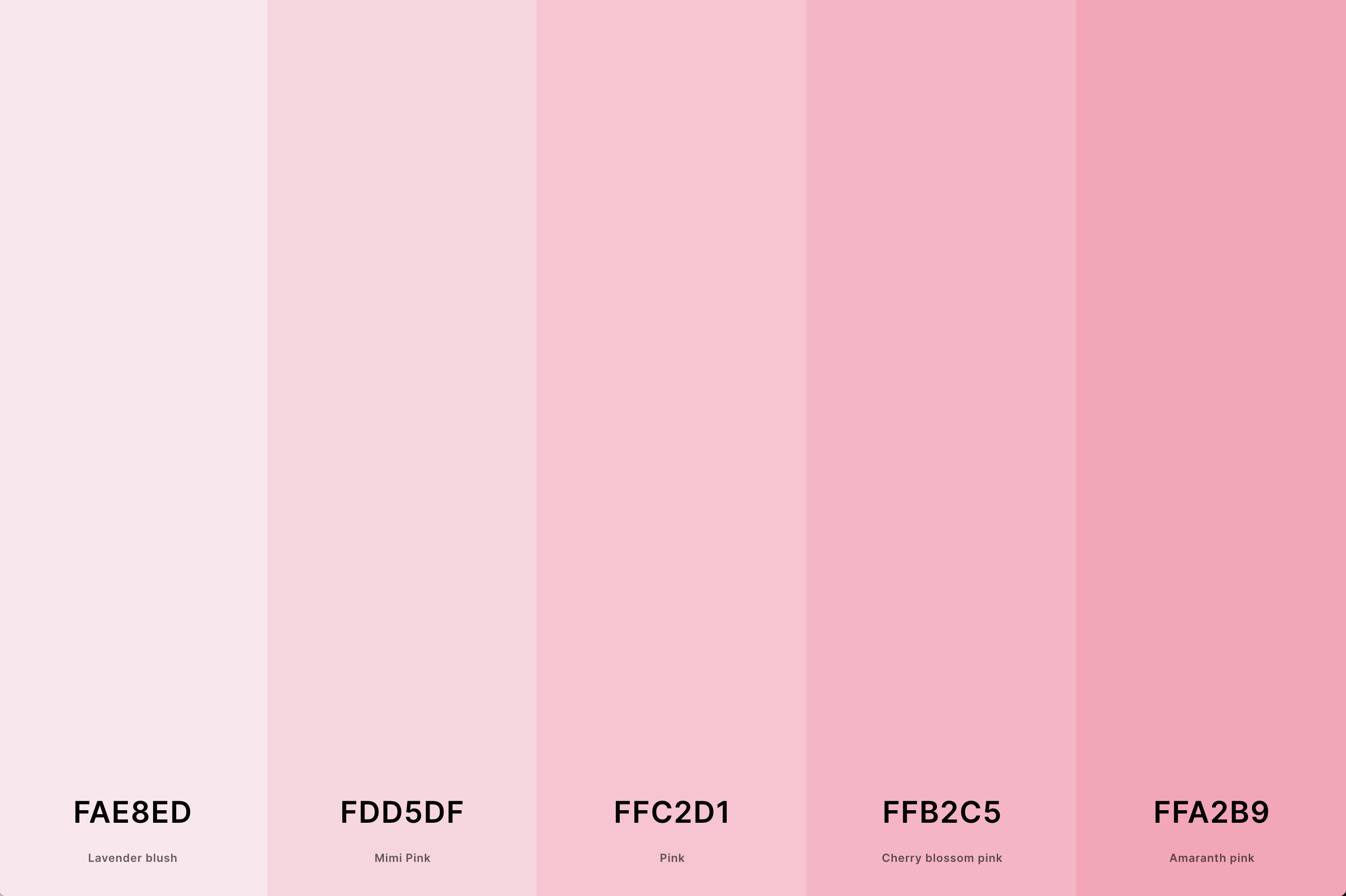 4. Pastel Pink Color Palette Color Palette with Lavender Blush (Hex #FAE8ED) + Mimi Pink (Hex #FDD5DF) + Pink (Hex #FFC2D1) + Cherry Blossom Pink (Hex #FFB2C5) + Amaranth Pink (Hex #FFA2B9) Color Palette with Hex Codes