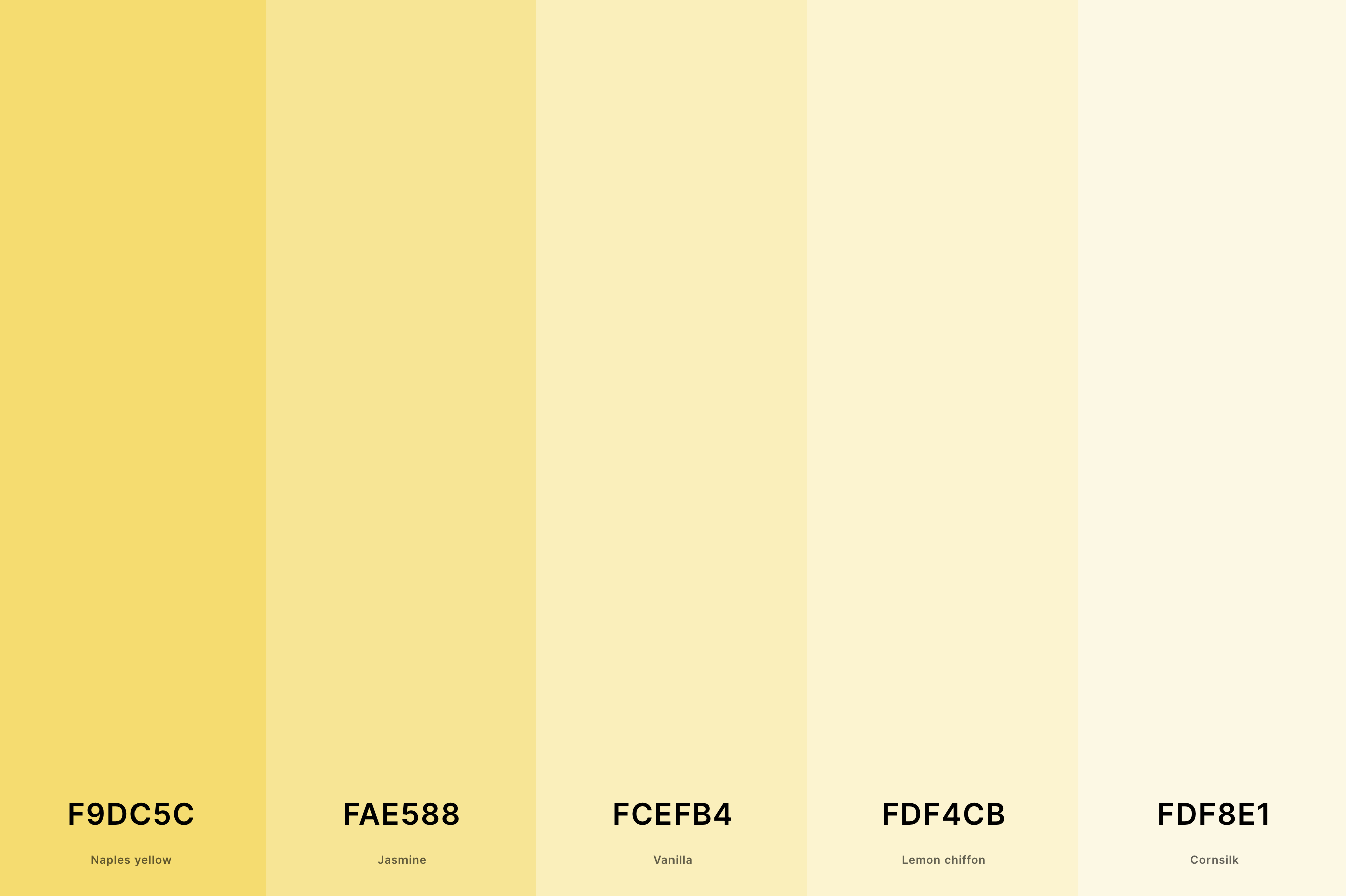 4. Pastel Yellow Color Palette Color Palette with Naples Yellow (Hex #F9DC5C) + Jasmine (Hex #FAE588) + Vanilla (Hex #FCEFB4) + Lemon Chiffon (Hex #FDF4CB) + Cornsilk (Hex #FDF8E1) Color Palette with Hex Codes