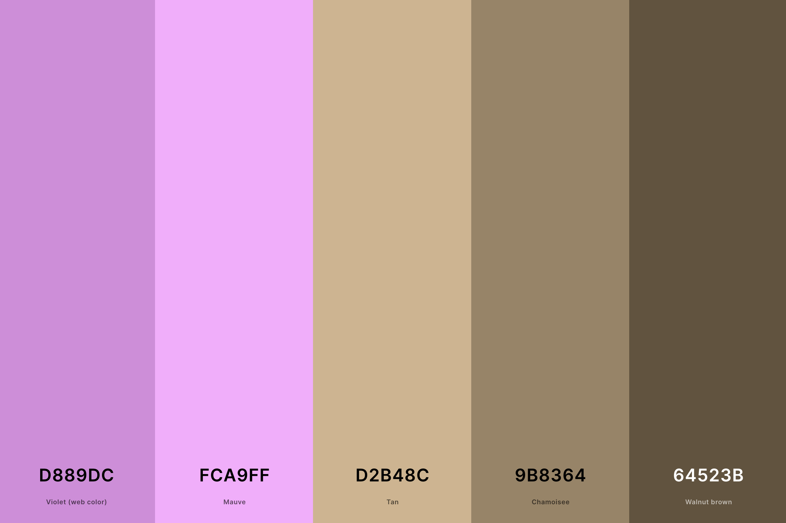 4. Pink And Tan Color Palette Color Palette with Violet (Web Color) (Hex #D889DC) + Mauve (Hex #FCA9FF) + Tan (Hex #D2B48C) + Chamoisee (Hex #9B8364) + Walnut Brown (Hex #64523B) Color Palette with Hex Codes