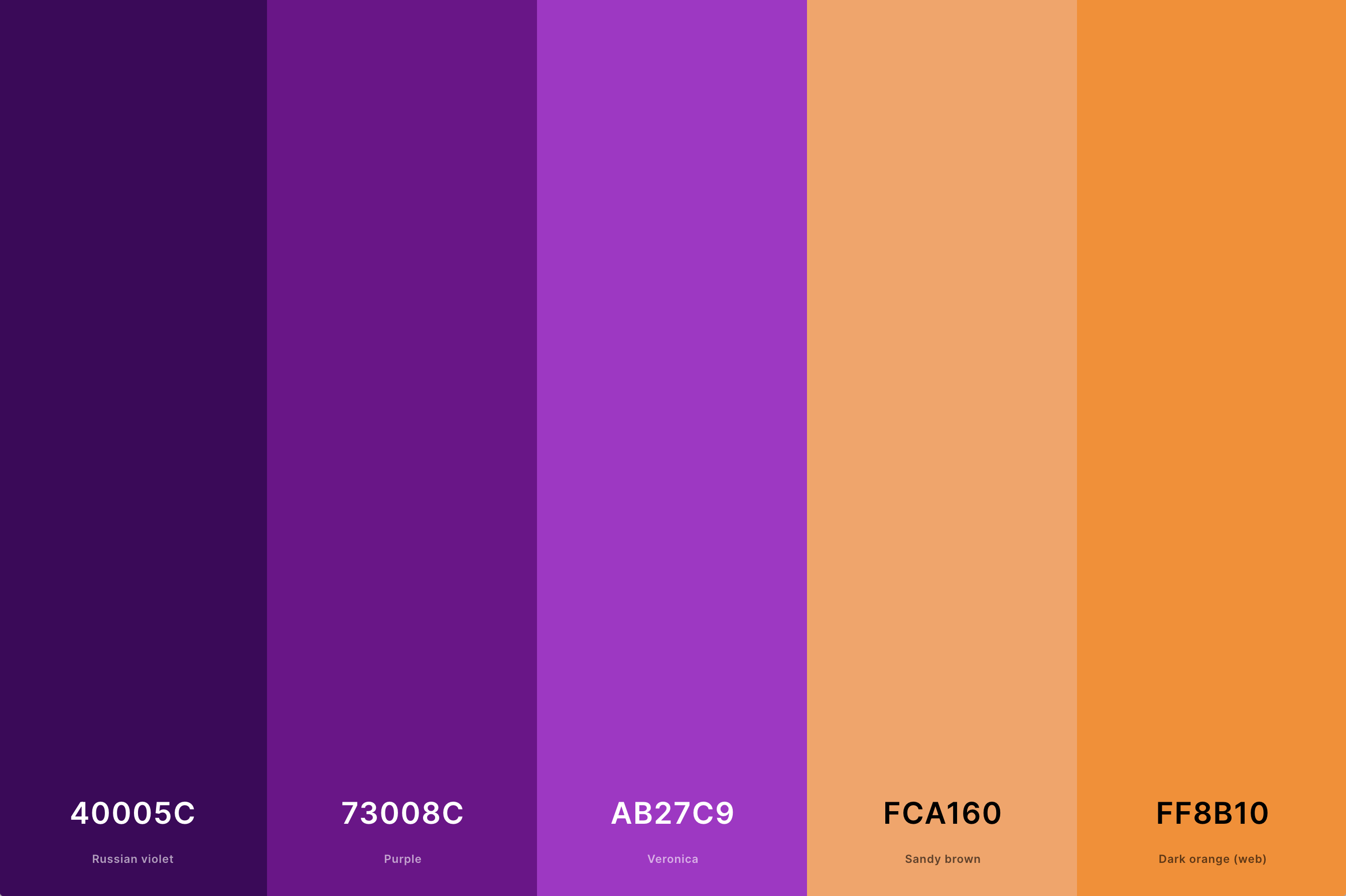 4. Purple And Orange Color Palette Color Palette with Russian Violet (Hex #40005C) + Purple (Hex #73008C) + Veronica (Hex #AB27C9) + Sandy Brown (Hex #FCA160) + Dark Orange (Web) (Hex #FF8B10) Color Palette with Hex Codes
