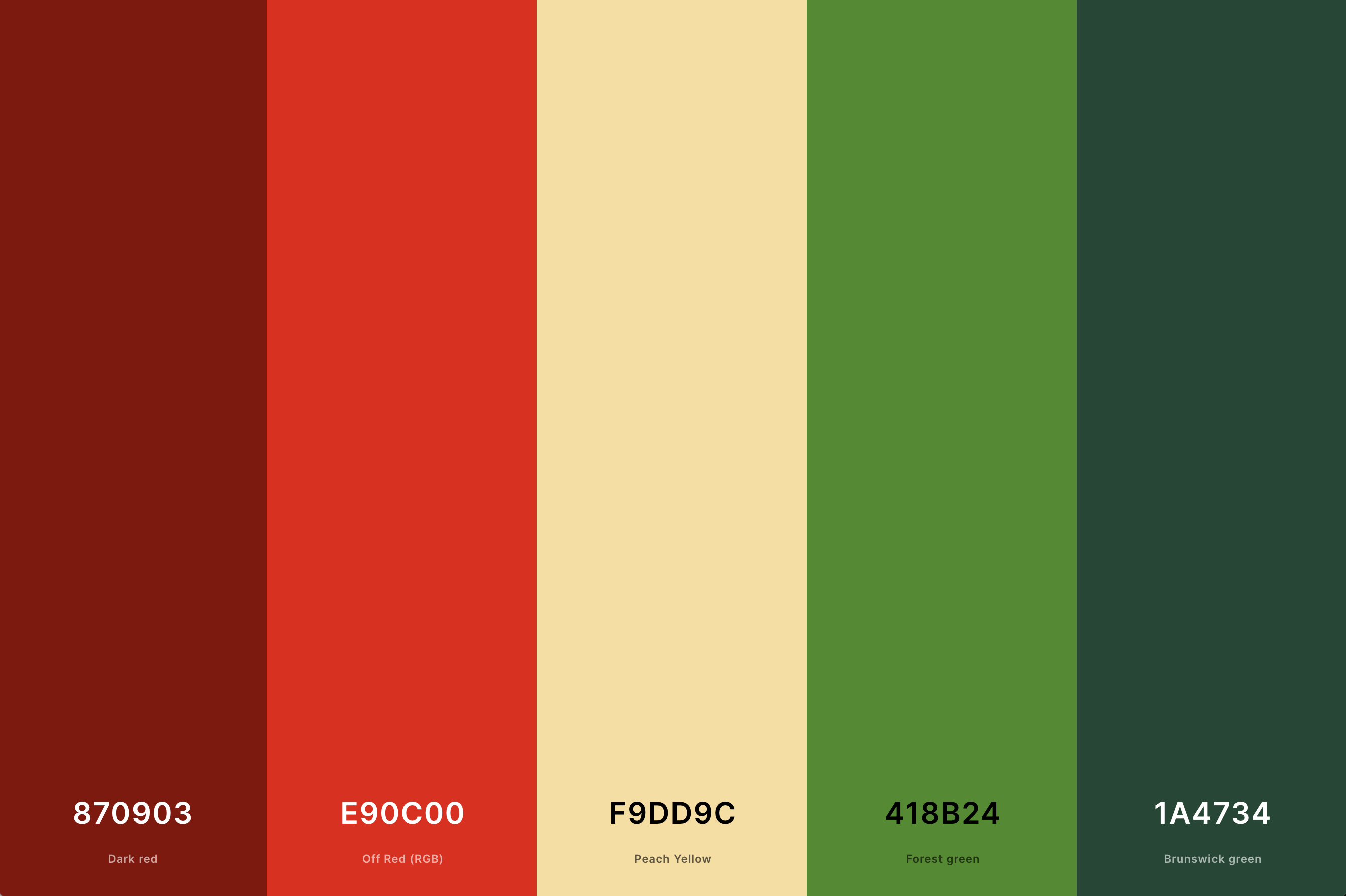 4. Red And Green Color Palette Color Palette with Dark Red (Hex #870903) + Off Red (Rgb) (Hex #E90C00) + Peach Yellow (Hex #F9DD9C) + Forest Green (Hex #418B24) + Brunswick Green (Hex #1A4734) Color Palette with Hex Codes