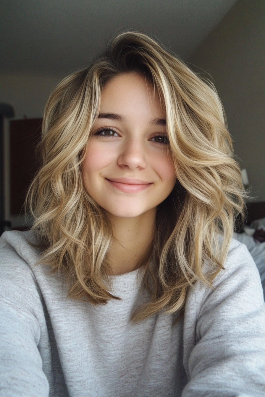 4. Sandy Blonde Shag Waves (Medium Length Wavy Hairstyles) - Medium Length Wavy Hairstyles