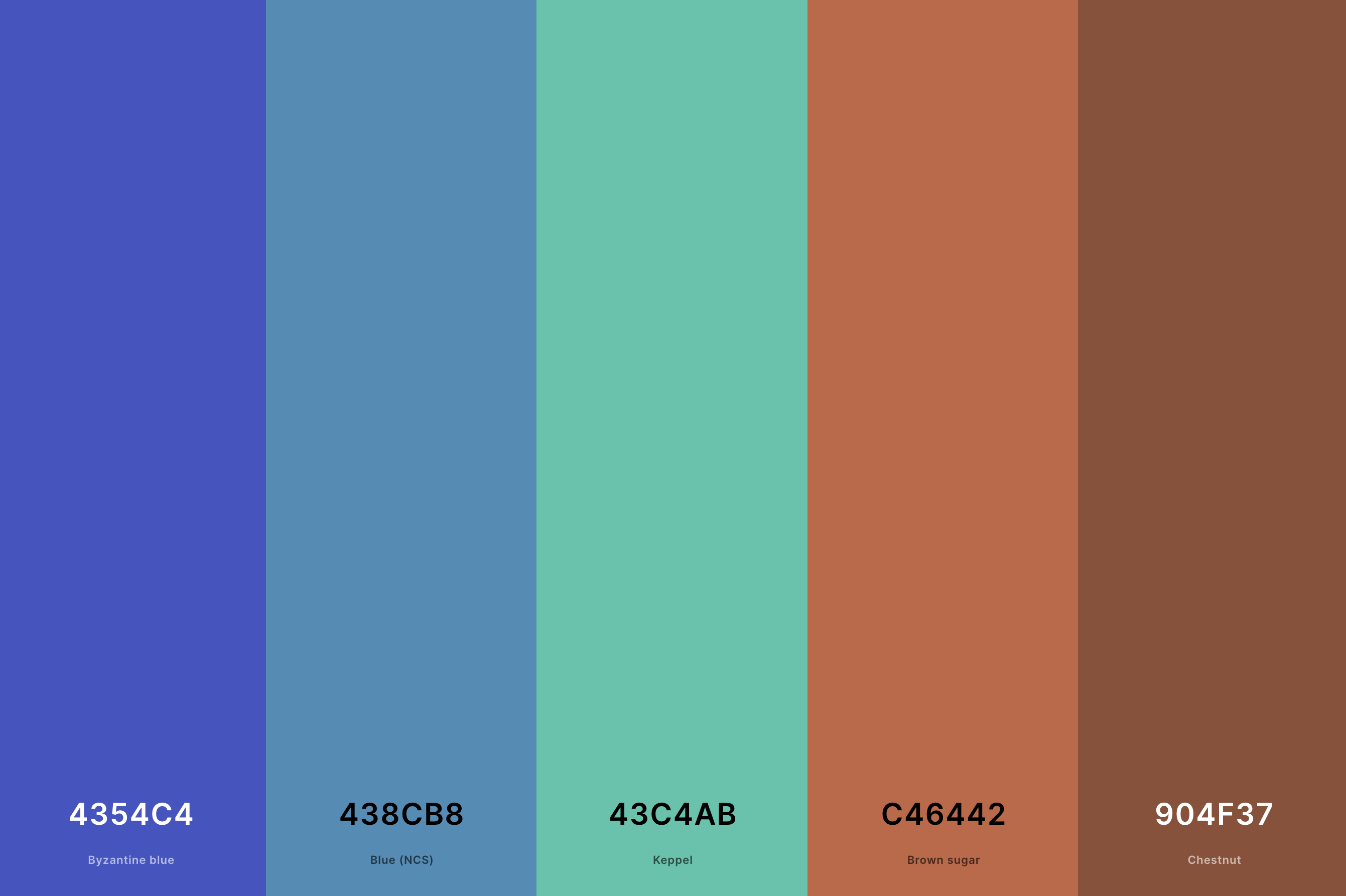 4. Terracotta And Blue Color Palette Color Palette with Byzantine Blue (Hex #4354C4) + Blue (Ncs) (Hex #438CB8) + Keppel (Hex #43C4AB) + Brown Sugar (Hex #C46442) + Chestnut (Hex #904F37) Color Palette with Hex Codes