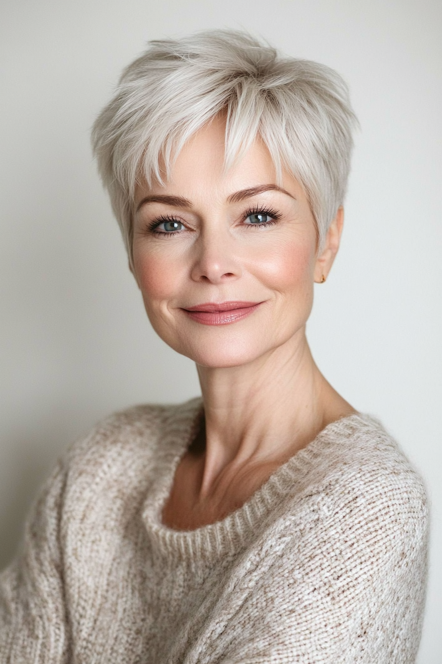 4. Wispy Pixie with Pearl White (Short Hairstyles For Older Women With Thinning Hair) - Short Hairstyles For Older Women With Thinning Hair