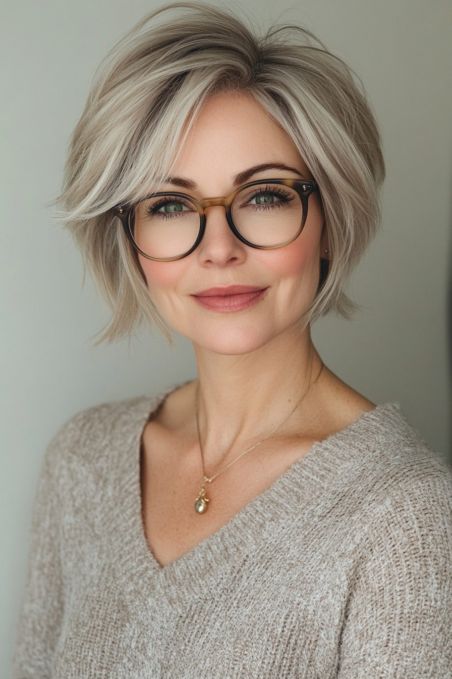 42. Cool Beige Undercut Bob - Short Hairstyles For Women Over 50 With Glasses