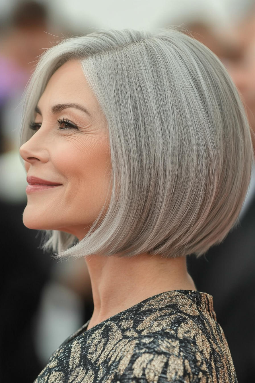 46. Asymmetrical Bob with Ash Grey Highlights (Modern Hairstyles For Women Over 50) - Modern Hairstyles For Women Over 50