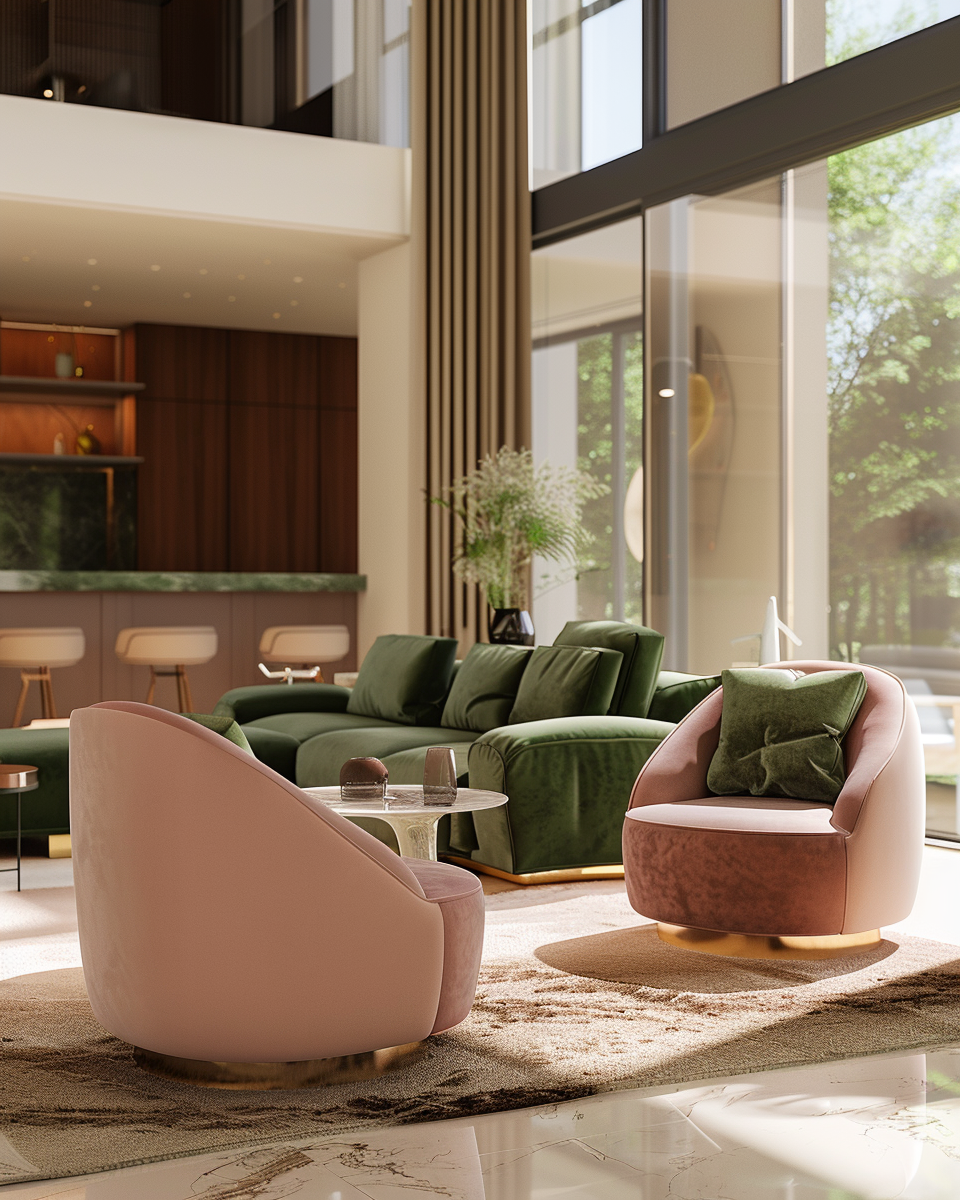 Modern Pink And Sage Green Living Room Interior With A View Design and Decor Ideas