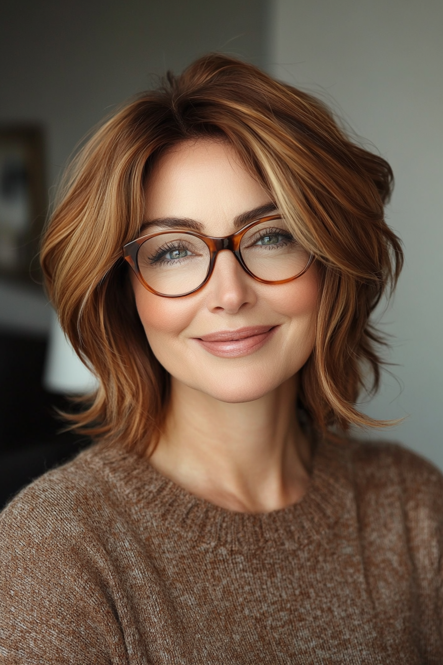 48. Layered Bob with Cinnamon Highlights - Hairstyles For Women Over 50 With Glasses