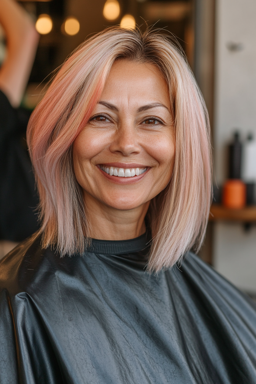 48. Long Bob with Subtle Rose Gold Shine (Modern Hairstyles For Women Over 50) - Modern Hairstyles For Women Over 50