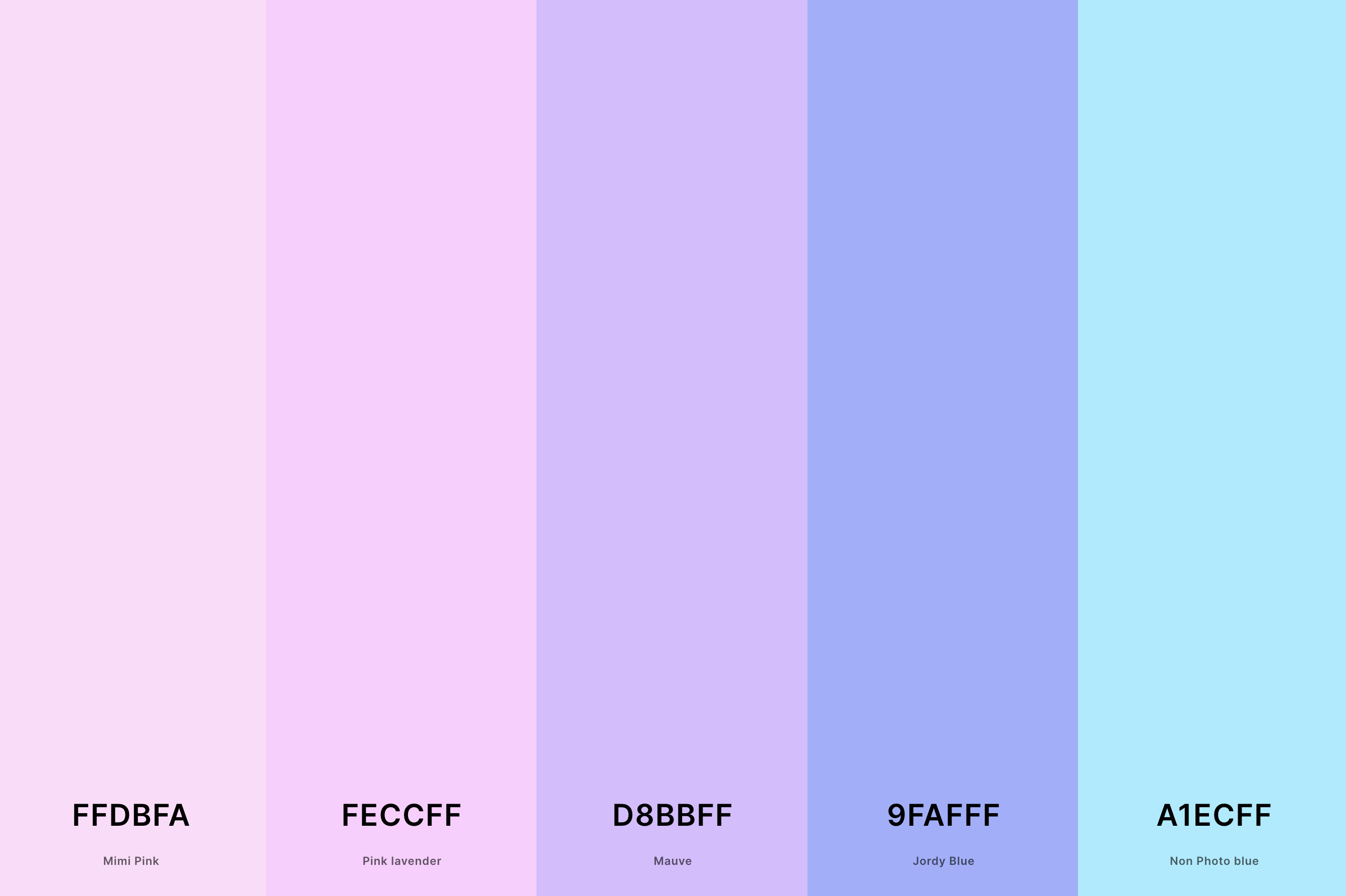 5. Aesthetic Pastel Color Palette Color Palette with Mimi Pink (Hex #FFDBFA) + Pink Lavender (Hex #FECCFF) + Mauve (Hex #D8BBFF) + Jordy Blue (Hex #9FAFFF) + Non Photo Blue (Hex #A1ECFF) Color Palette with Hex Codes