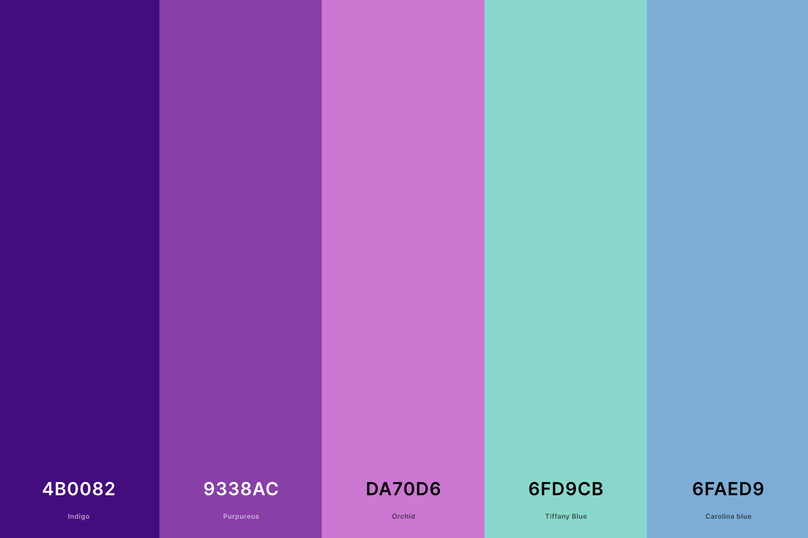 5. Color Palette Indigo Orchid Color Palette with Indigo (Hex #4B0082) + Purpureus (Hex #9338AC) + Orchid (Hex #DA70D6) + Tiffany Blue (Hex #6FD9CB) + Carolina Blue (Hex #6FAED9) Color Palette with Hex Codes