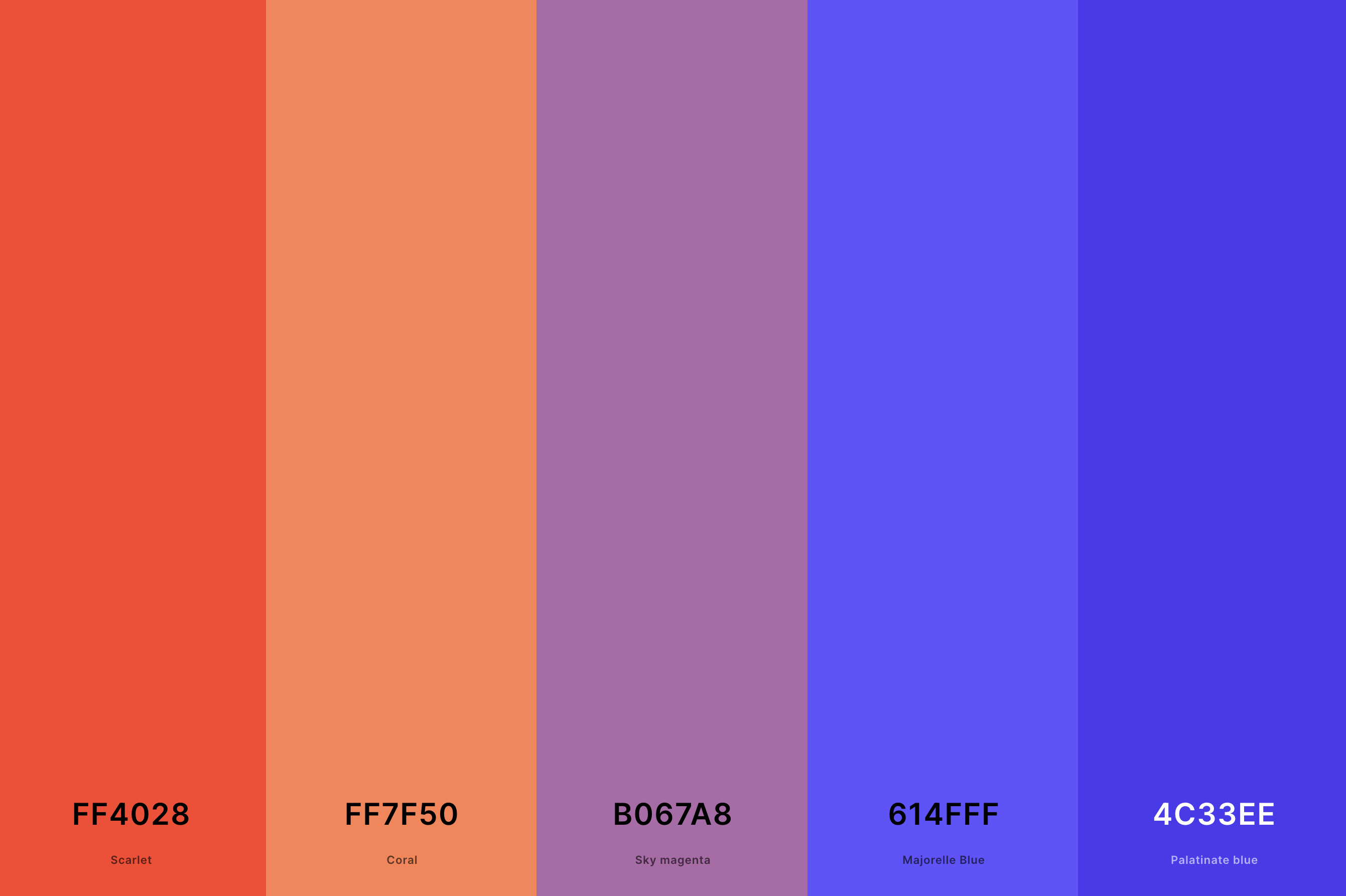 5. Coral And Blue Color Palette Color Palette with Scarlet (Hex #FF4028) + Coral (Hex #FF7F50) + Sky Magenta (Hex #B067A8) + Majorelle Blue (Hex #614FFF) + Palatinate Blue (Hex #4C33EE) Color Palette with Hex Codes