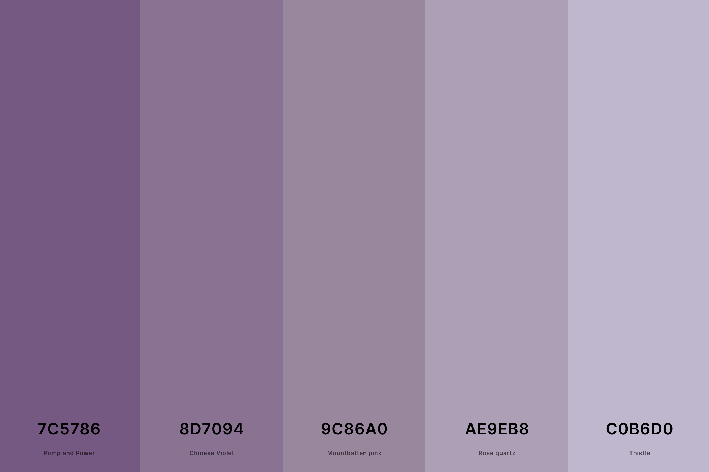 5. Dusty Lavender Color Palette Color Palette with Pomp And Power (Hex #7C5786) + Chinese Violet (Hex #8D7094) + Mountbatten Pink (Hex #9C86A0) + Rose Quartz (Hex #AE9EB8) + Thistle (Hex #C0B6D0) Color Palette with Hex Codes