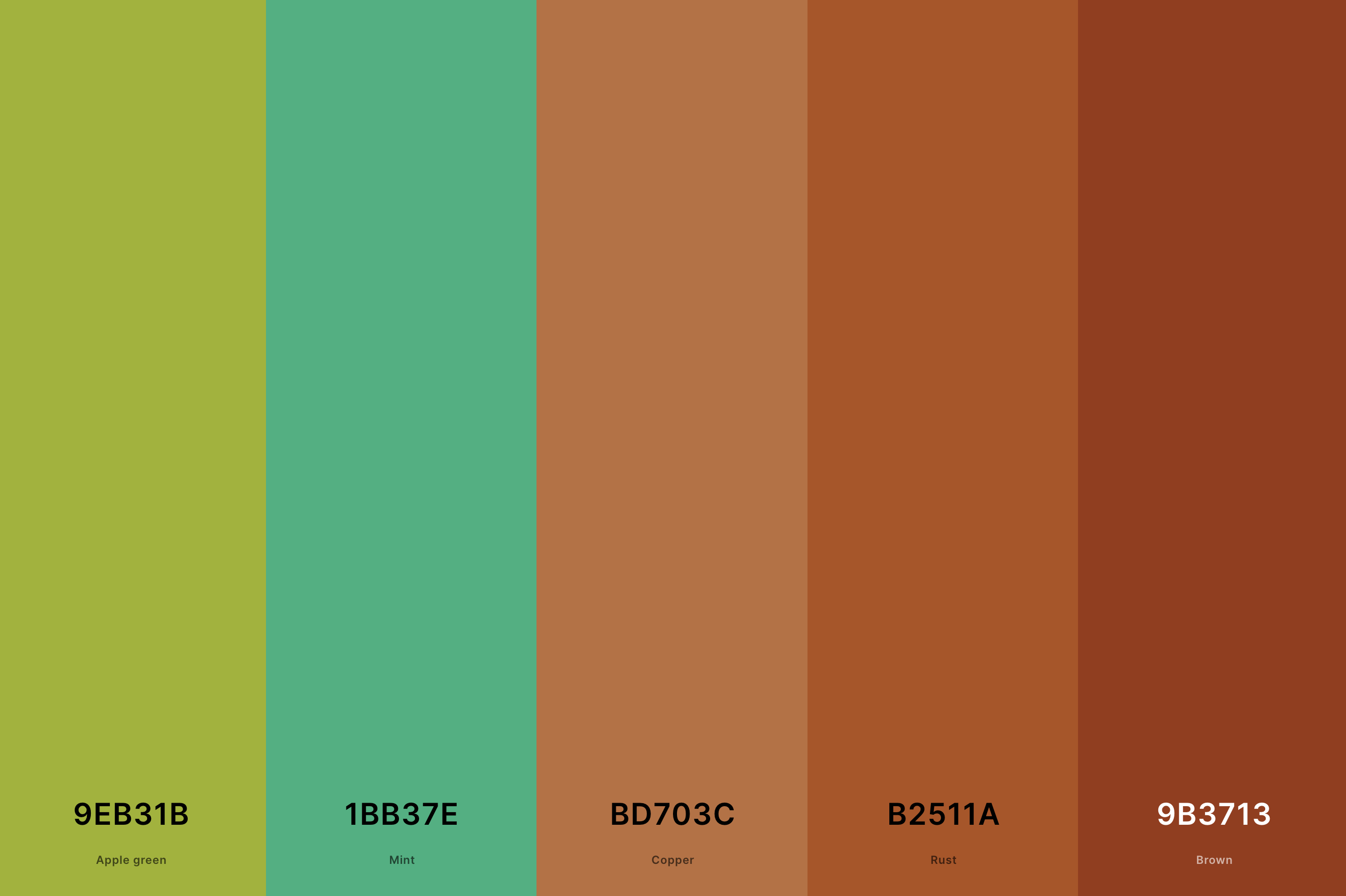 5. Green And Terracotta Color Palette Color Palette with Apple Green (Hex #9EB31B) + Mint (Hex #1BB37E) + Copper (Hex #BD703C) + Rust (Hex #B2511A) + Brown (Hex #9B3713) Color Palette with Hex Codes