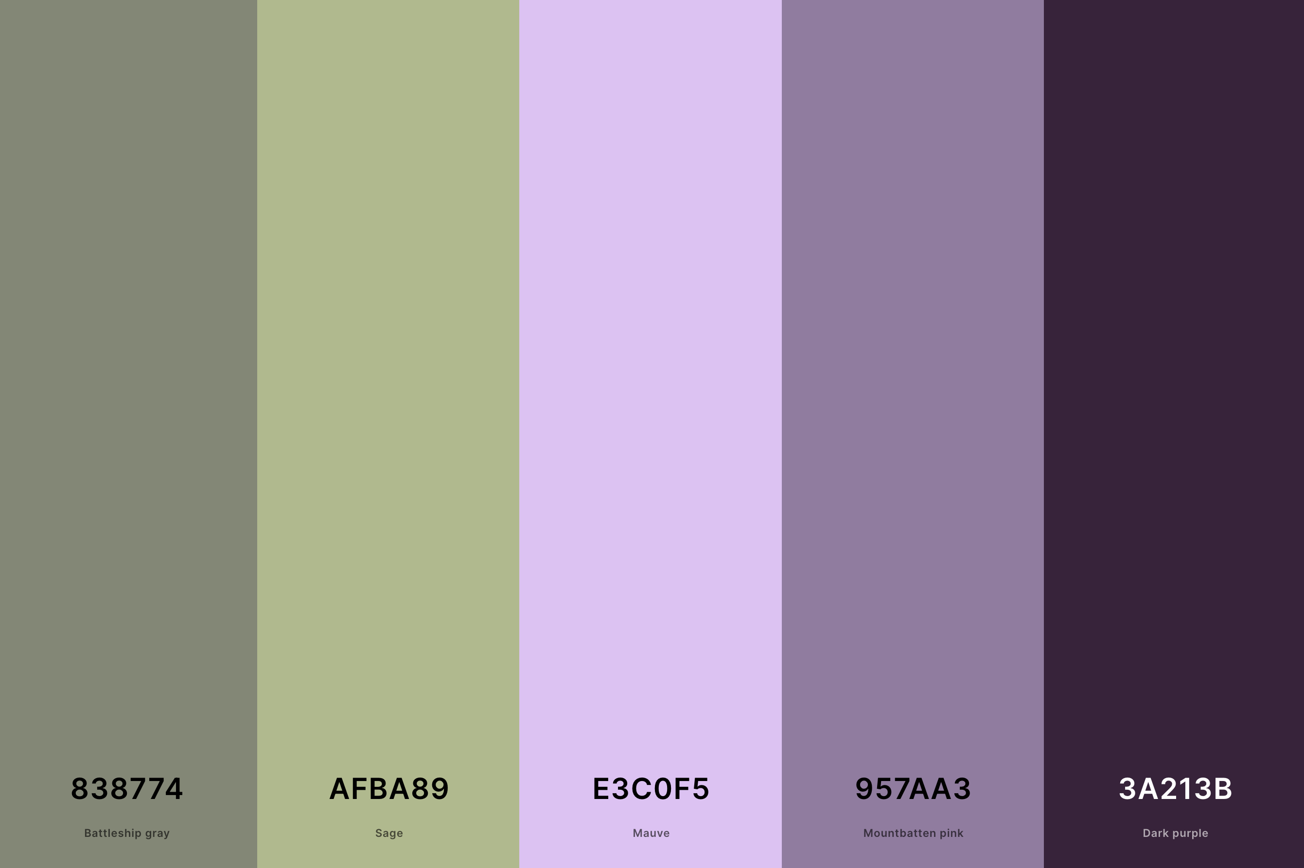 5. Mauve And Sage Color Palette Color Palette with Battleship Gray (Hex #838774) + Sage (Hex #AFBA89) + Mauve (Hex #E3C0F5) + Mountbatten Pink (Hex #957AA3) + Dark Purple (Hex #3A213B) Color Palette with Hex Codes