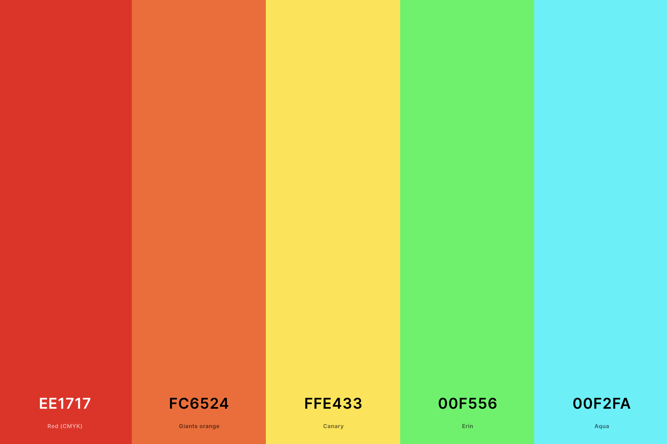 5. Neon Rainbow Color Palette Color Palette with Red (Cmyk) (Hex #EE1717) + Giants Orange (Hex #FC6524) + Canary (Hex #FFE433) + Erin (Hex #00F556) + Aqua (Hex #00F2FA) Color Palette with Hex Codes