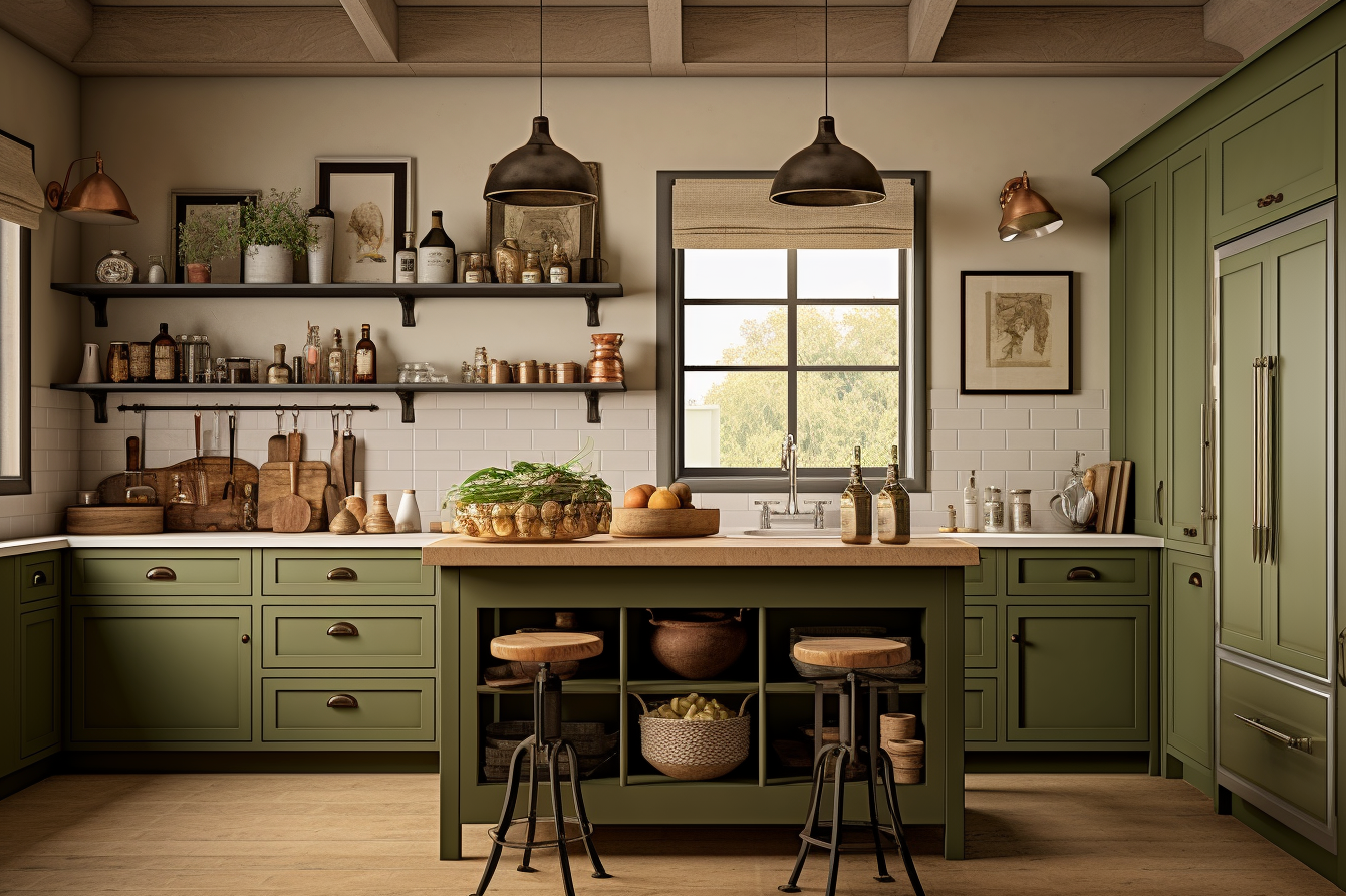 5. Olive Green and Neutral Beige Scheme. A charming farmhouse-style kitchen featuring olive green cabinets and neutral beige walls.