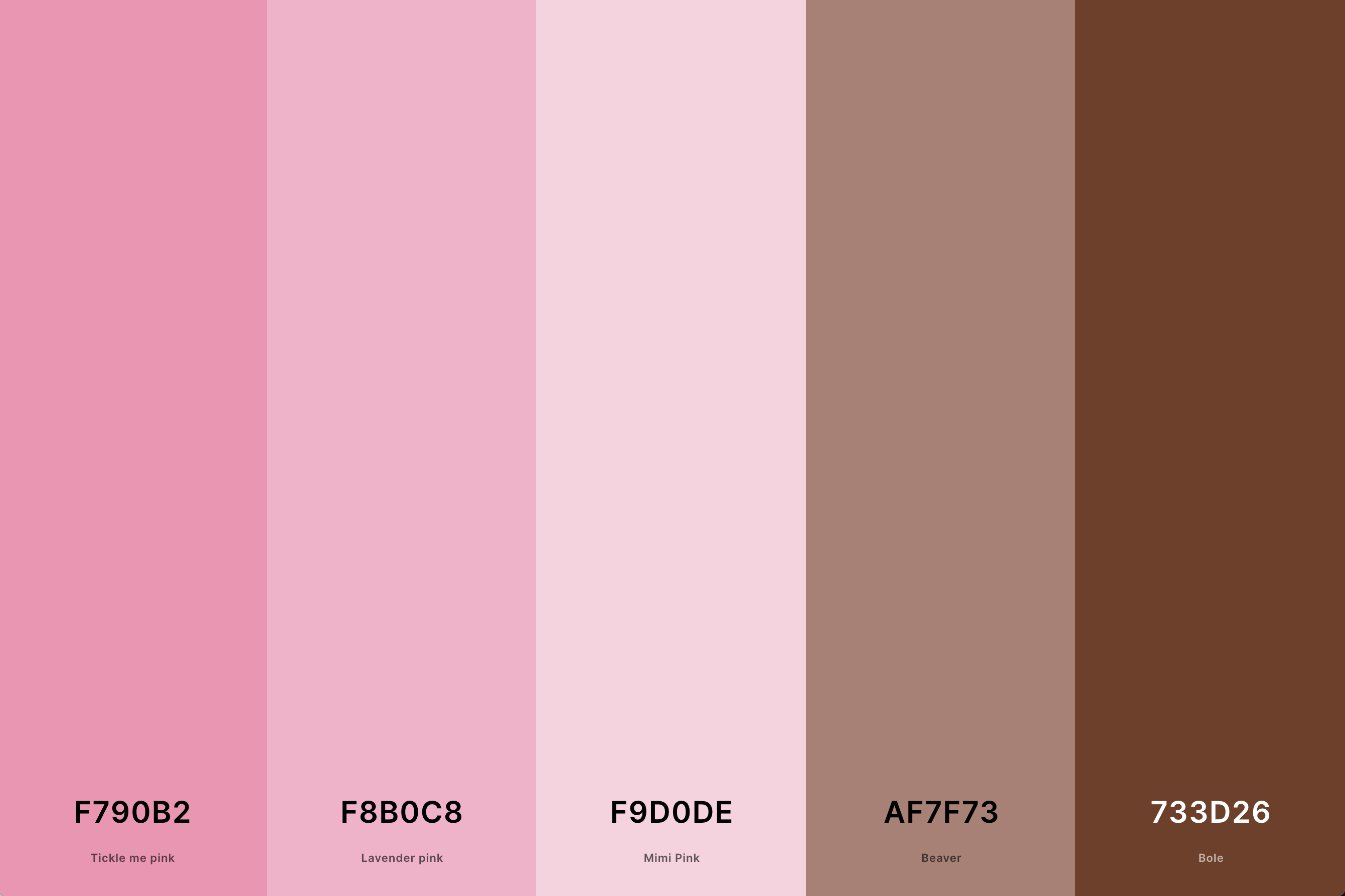 5. Pink And Brown Color Palette Color Palette with Tickle Me Pink (Hex #F790B2) + Lavender Pink (Hex #F8B0C8) + Mimi Pink (Hex #F9D0DE) + Beaver (Hex #AF7F73) + Bole (Hex #733D26) Color Palette with Hex Codes