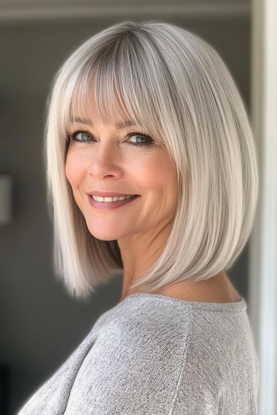 5. Platinum Mid-Length Bob with Blunt Bangs (Shoulder Length Hairstyles For Women Over 50) - Shoulder Length Hairstyles For Women Over 50