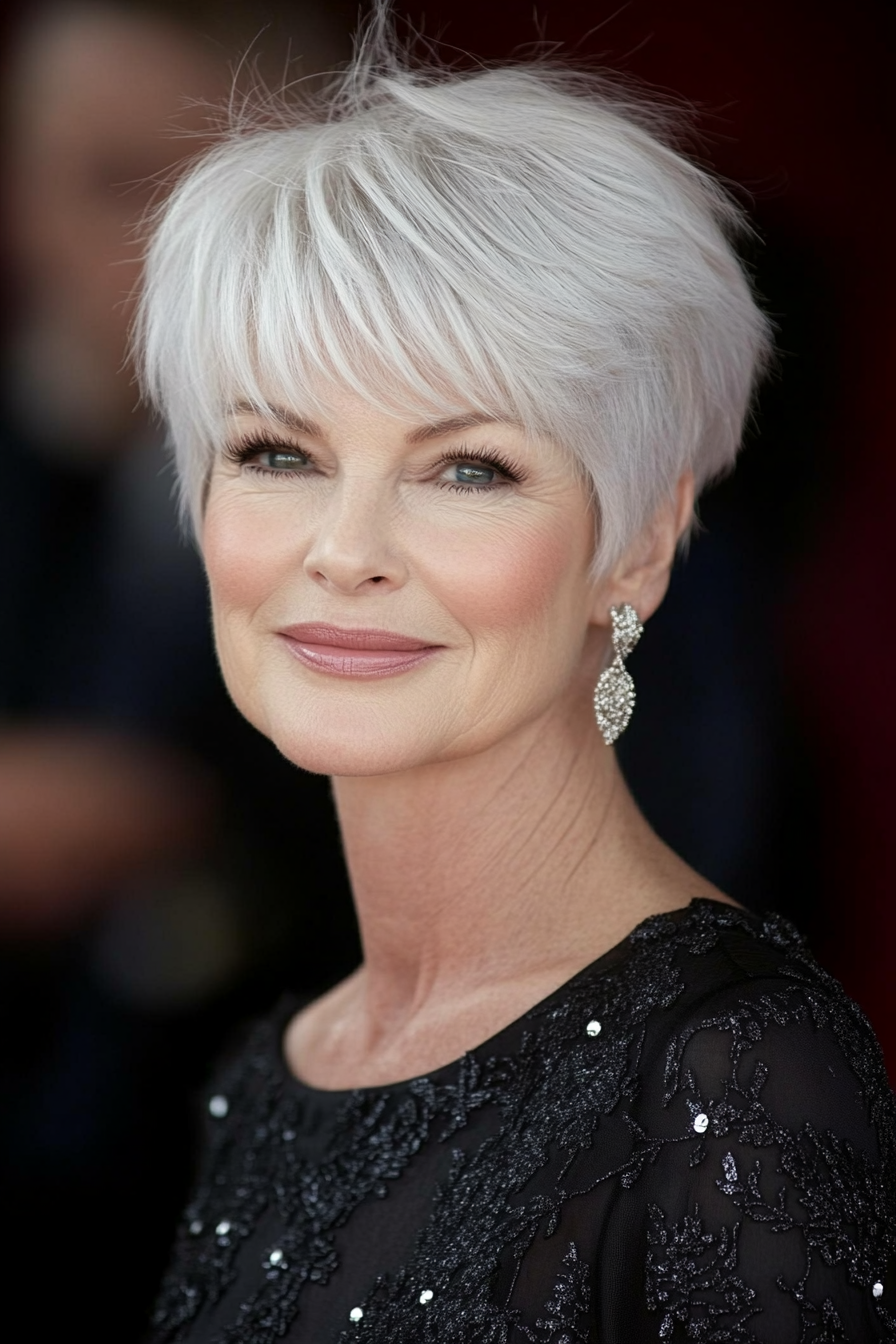 5. Platinum Pixie with Textured Fringe (Hairstyles For Women Over 50 With Bangs) - Hairstyles For Women Over 50 With Bangs