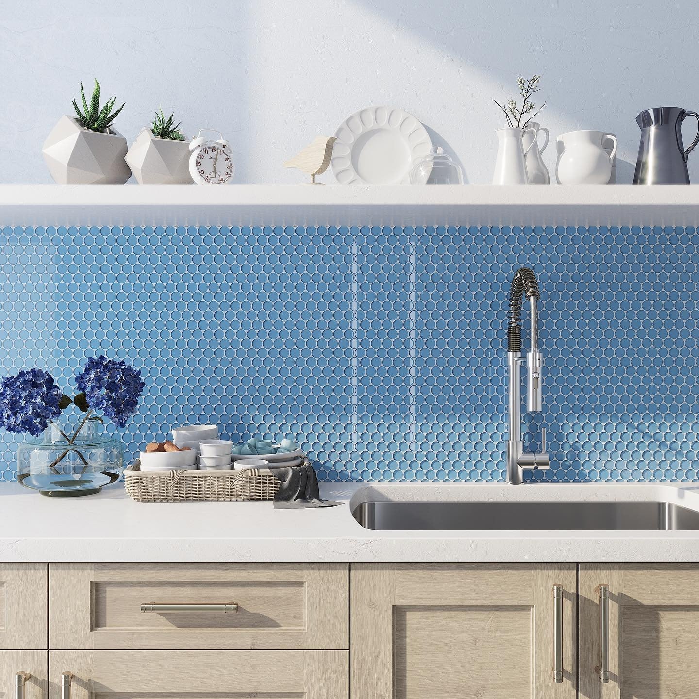 5. Polished Simplicity with Penny Rounds (Blue Backsplash Kitchen Ideas)