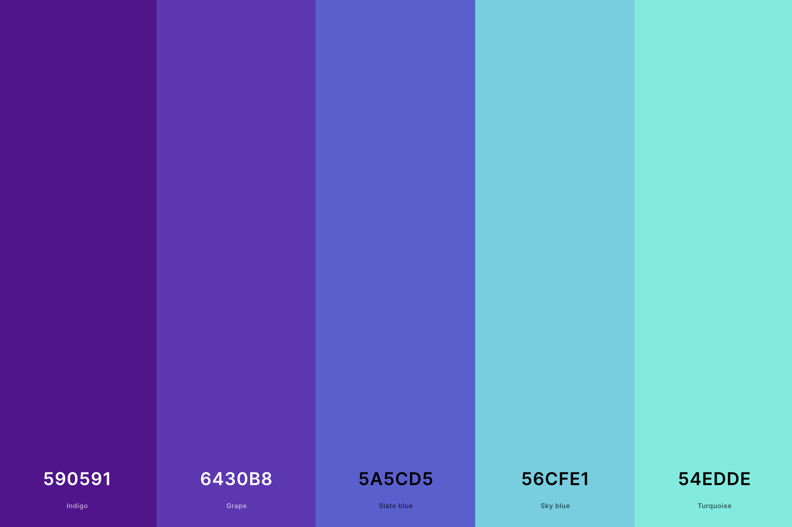 5. Purple And Turquoise Color Palette Color Palette with Indigo (Hex #590591) + Grape (Hex #6430B8) + Slate Blue (Hex #5A5CD5) + Sky Blue (Hex #56CFE1) + Turquoise (Hex #54EDDE) Color Palette with Hex Codes