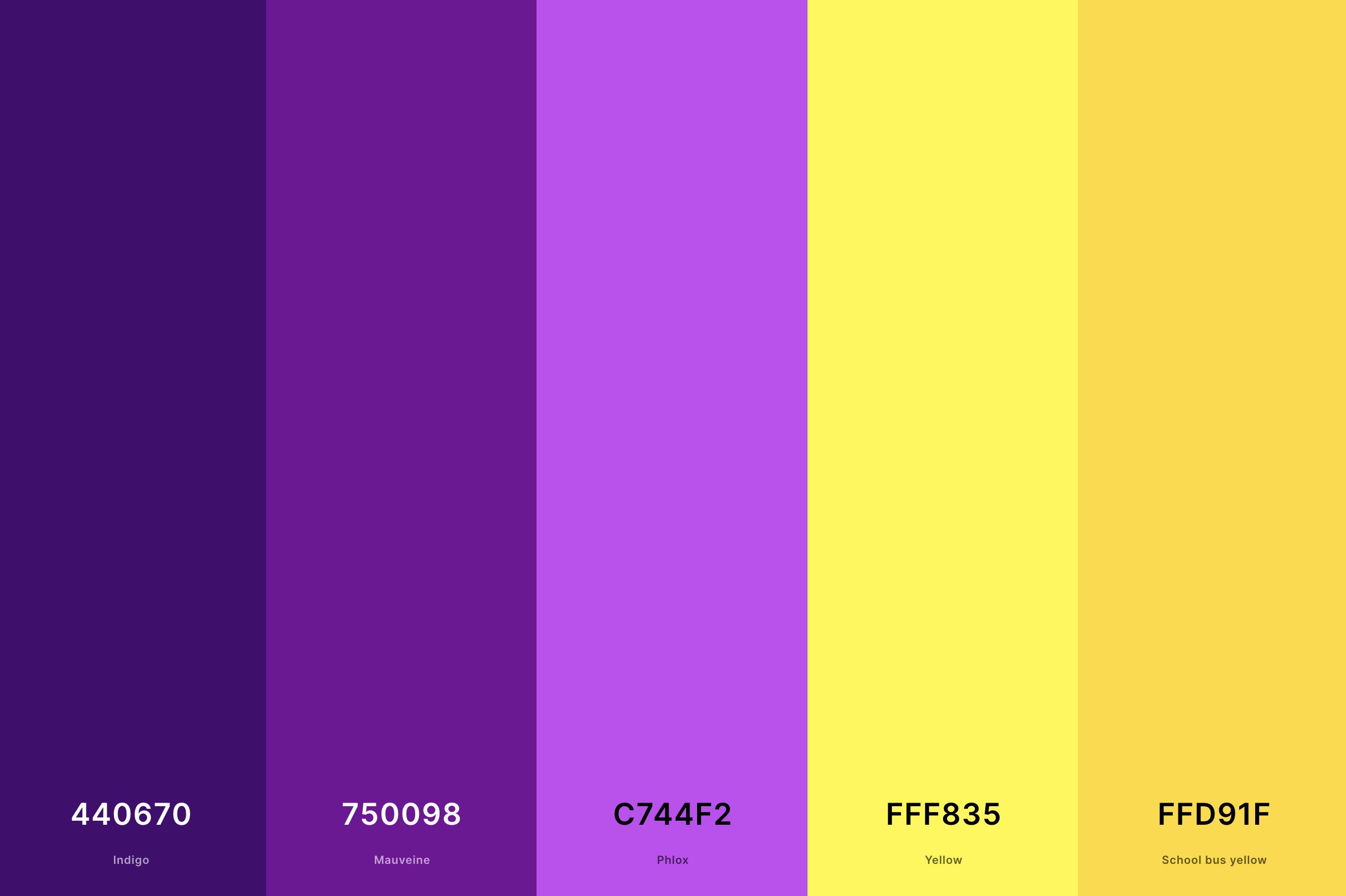 5. Purple And Yellow Color Palette Color Palette with Indigo (Hex #440670) + Mauveine (Hex #750098) + Phlox (Hex #C744F2) + Yellow (Hex #FFF835) + School Bus Yellow (Hex #FFD91F) Color Palette with Hex Codes