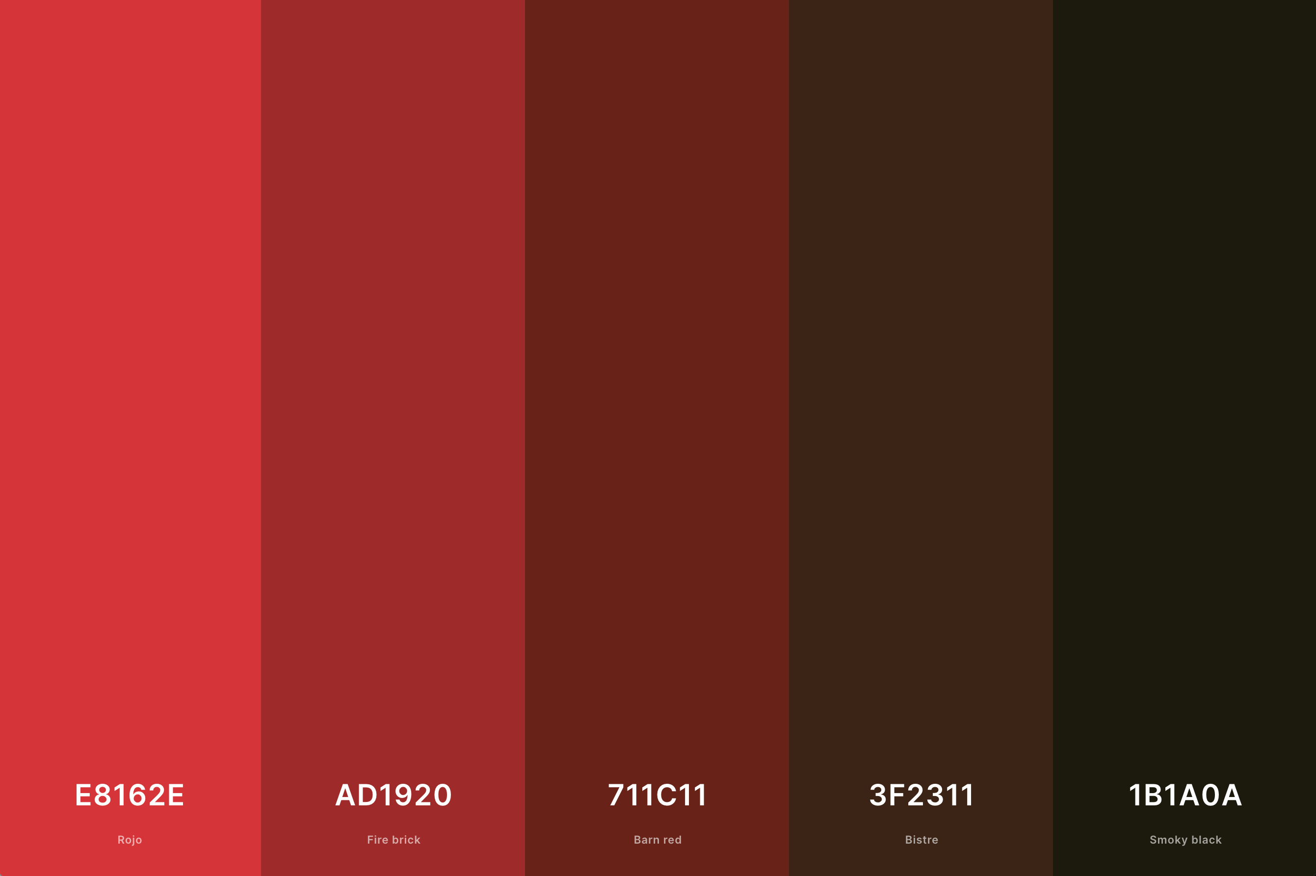 5. Red And Brown Color Palette Color Palette with Rojo (Hex #E8162E) + Fire Brick (Hex #AD1920) + Barn Red (Hex #711C11) + Bistre (Hex #3F2311) + Smoky Black (Hex #1B1A0A) Color Palette with Hex Codes