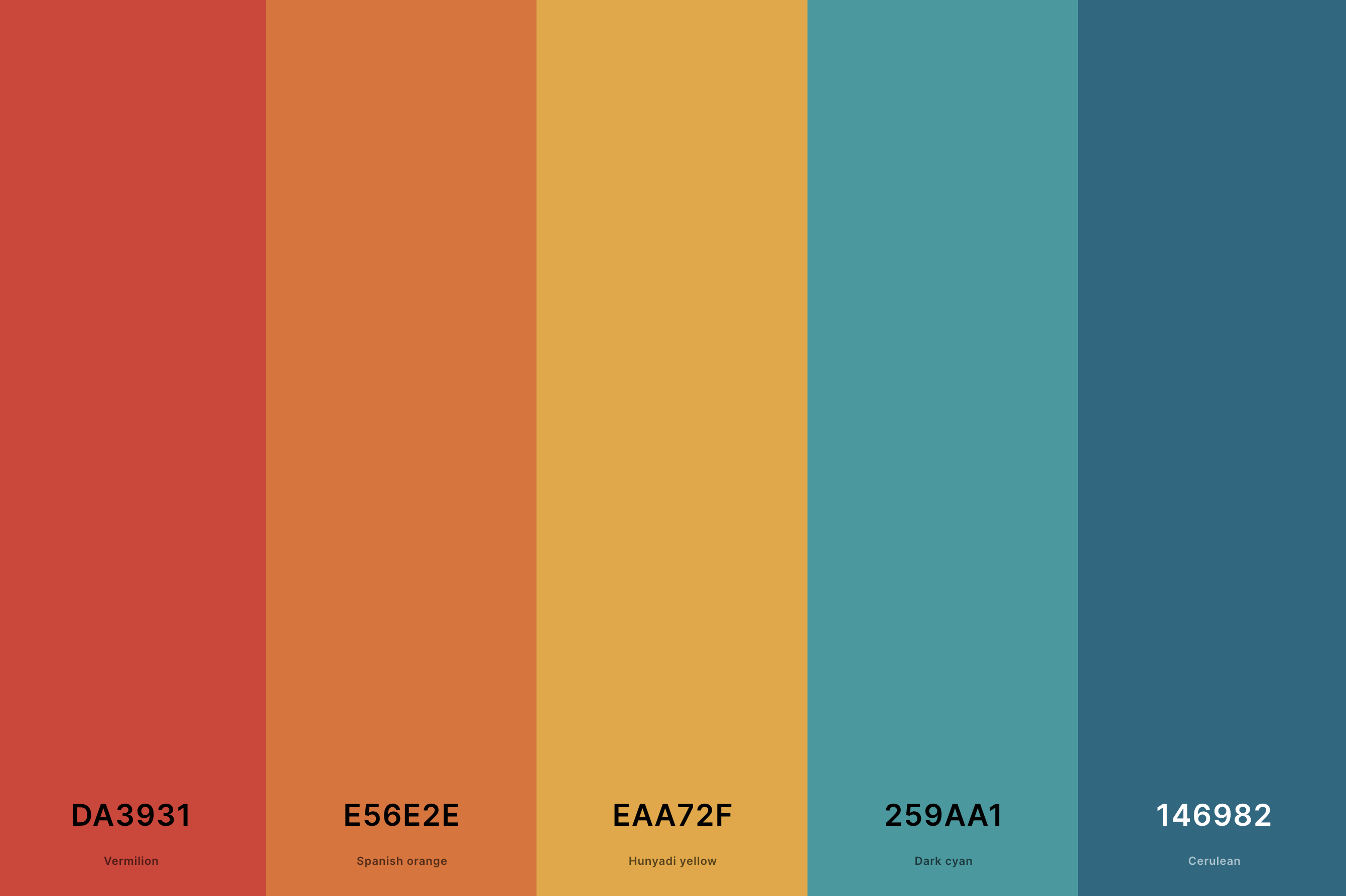 5. Retro Rainbow Color Palette Color Palette with Vermilion (Hex #DA3931) + Spanish Orange (Hex #E56E2E) + Hunyadi Yellow (Hex #EAA72F) + Dark Cyan (Hex #259AA1) + Cerulean (Hex #146982) Color Palette with Hex Codes