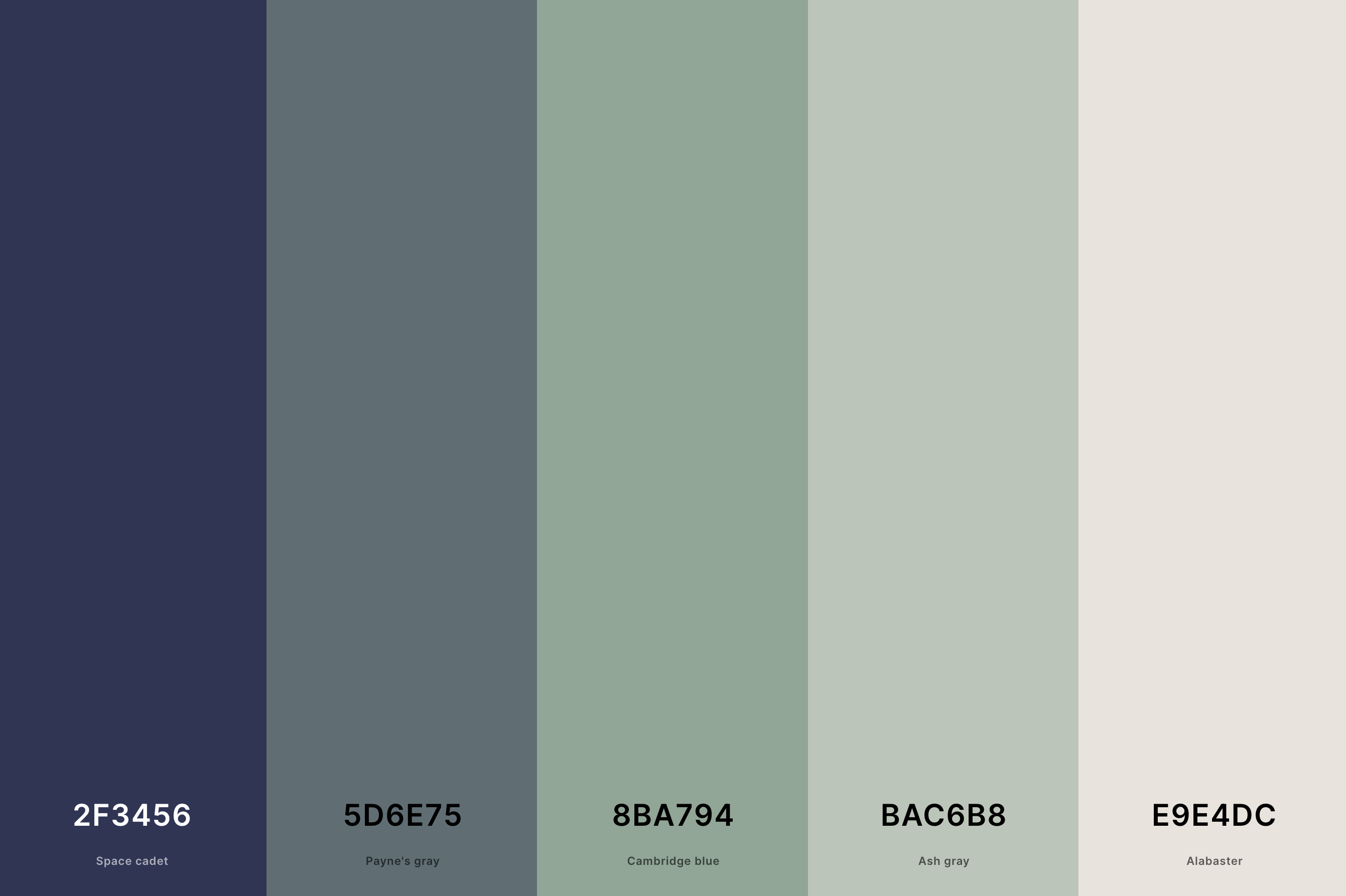 5. Sage Green And Blue Color Palette Color Palette with Space Cadet (Hex #2F3456) + Payne'S Gray (Hex #5D6E75) + Cambridge Blue (Hex #8BA794) + Ash Gray (Hex #BAC6B8) + Alabaster (Hex #E9E4DC) Color Palette with Hex Codes