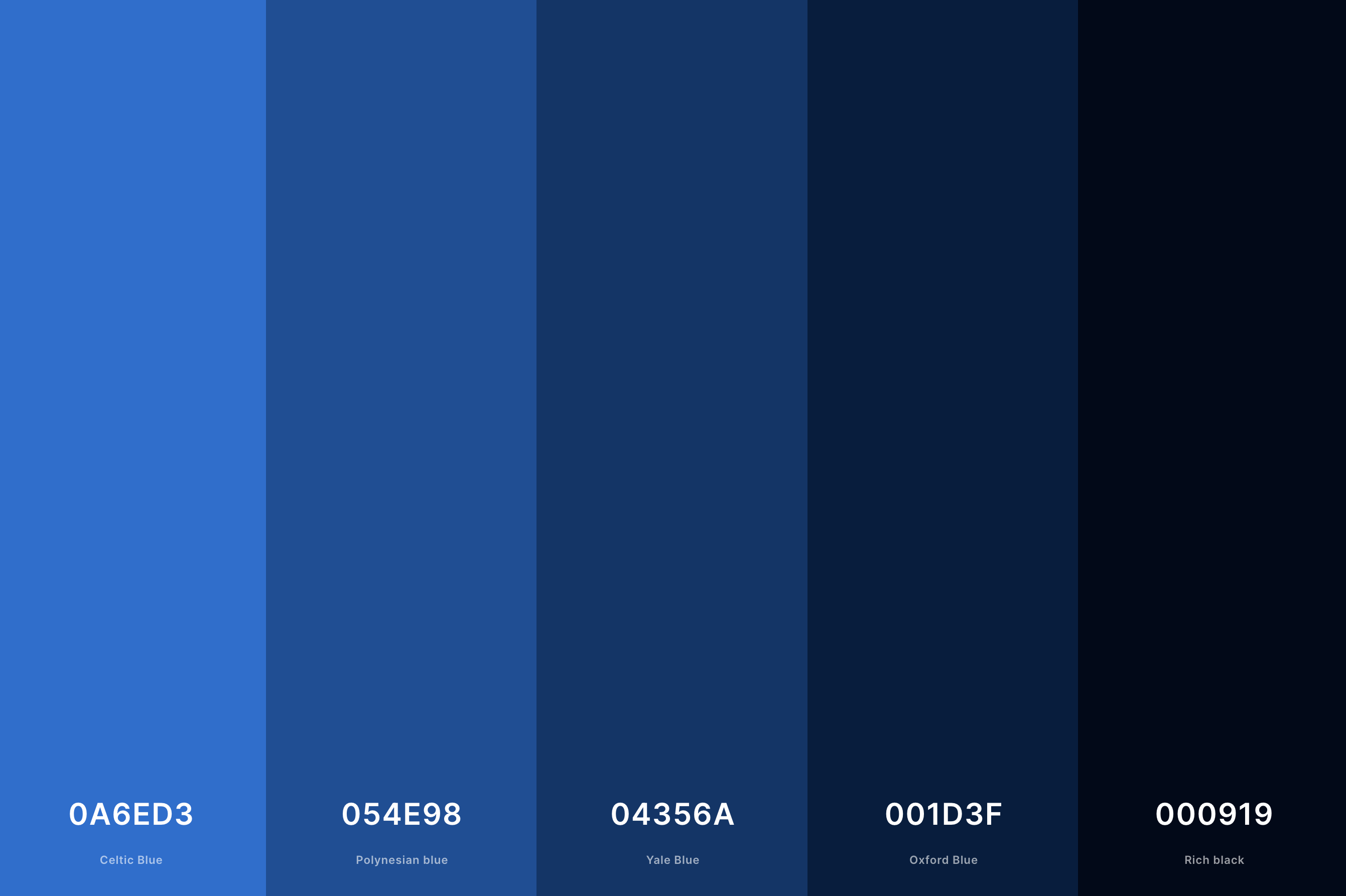 6. Black And Blue Color Palette Color Palette with Celtic Blue (Hex #0A6ED3) + Polynesian Blue (Hex #054E98) + Yale Blue (Hex #04356A) + Oxford Blue (Hex #001D3F) + Rich Black (Hex #000919) Color Palette with Hex Codes